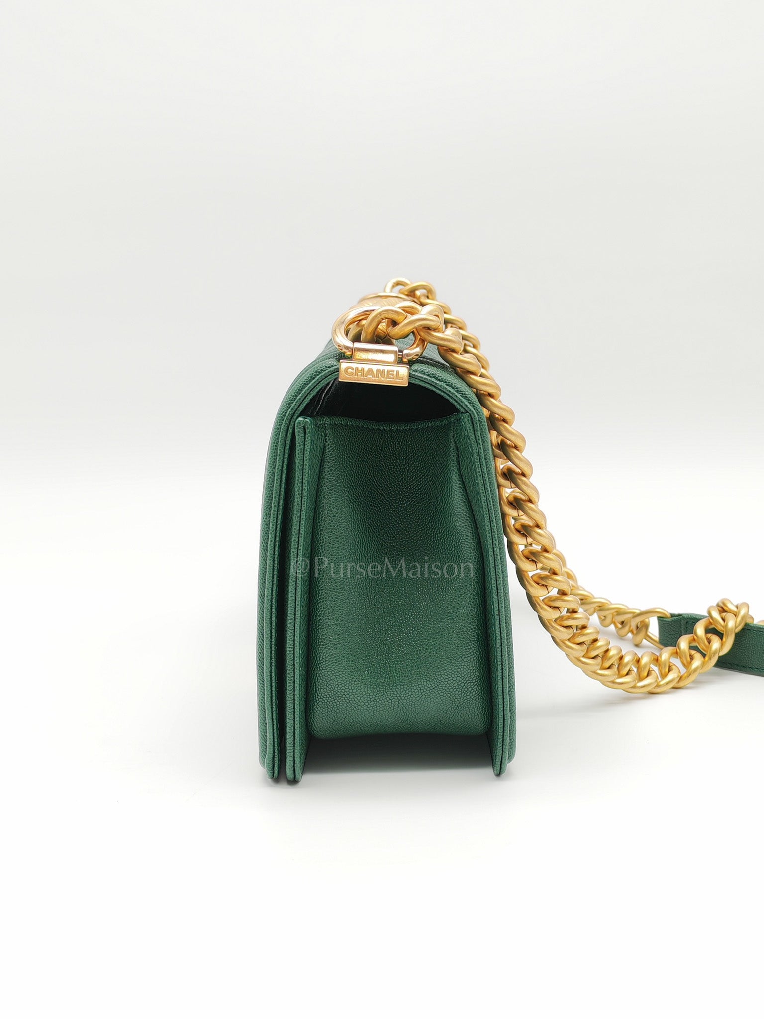 Boy Old Medium in Green Chevron Calfskin Leather and Aged Gold Hardware Series 26 | Purse Maison Luxury Bags Shop