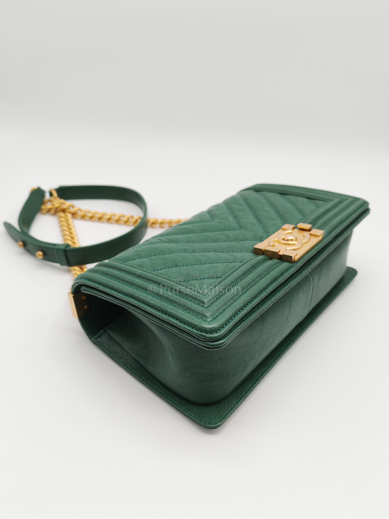 Boy Old Medium in Green Chevron Calfskin Leather and Aged Gold Hardware Series 26 | Purse Maison Luxury Bags Shop