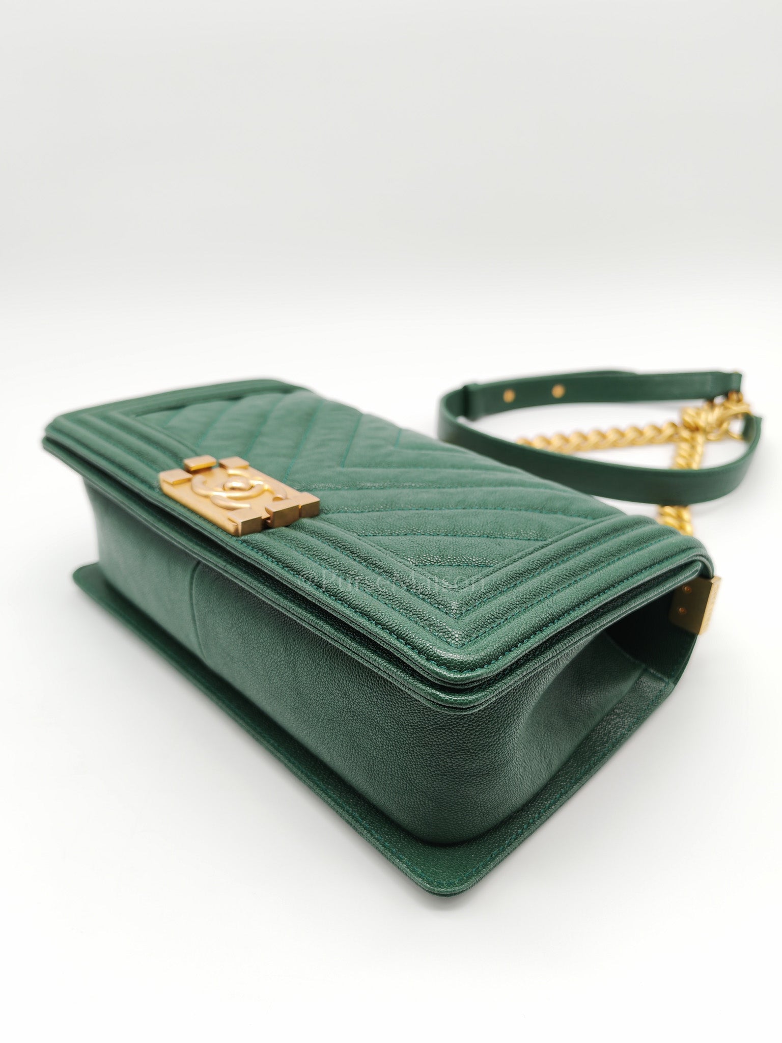Boy Old Medium in Green Chevron Calfskin Leather and Aged Gold Hardware Series 26 | Purse Maison Luxury Bags Shop