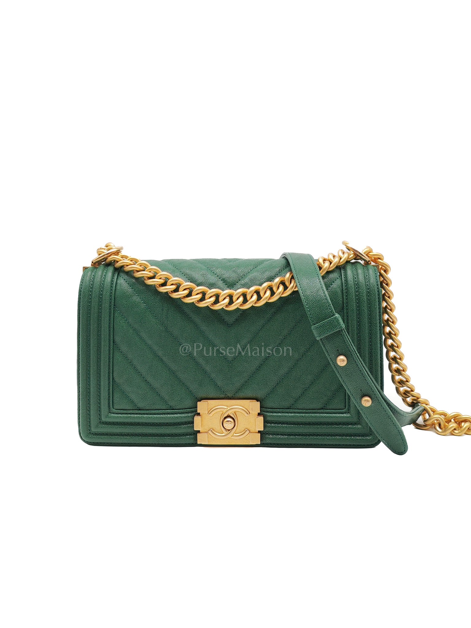 Boy Old Medium in Green Chevron Calfskin Leather and Aged Gold Hardware Series 26 | Purse Maison Luxury Bags Shop