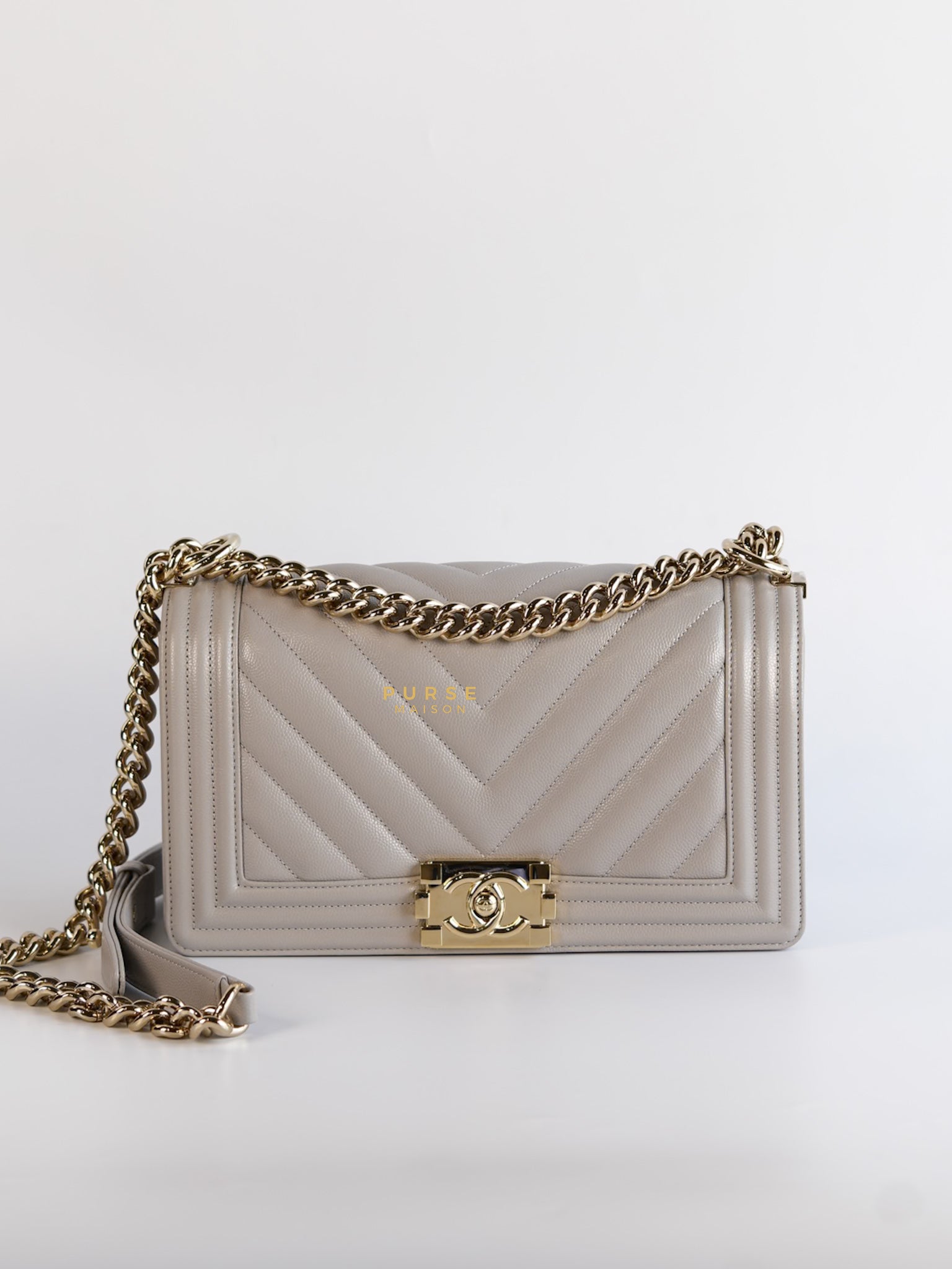 Boy Old Medium in Grey Chevron Caviar & Light Gold Hardware (Microchip) | Purse Maison Luxury Bags Shop