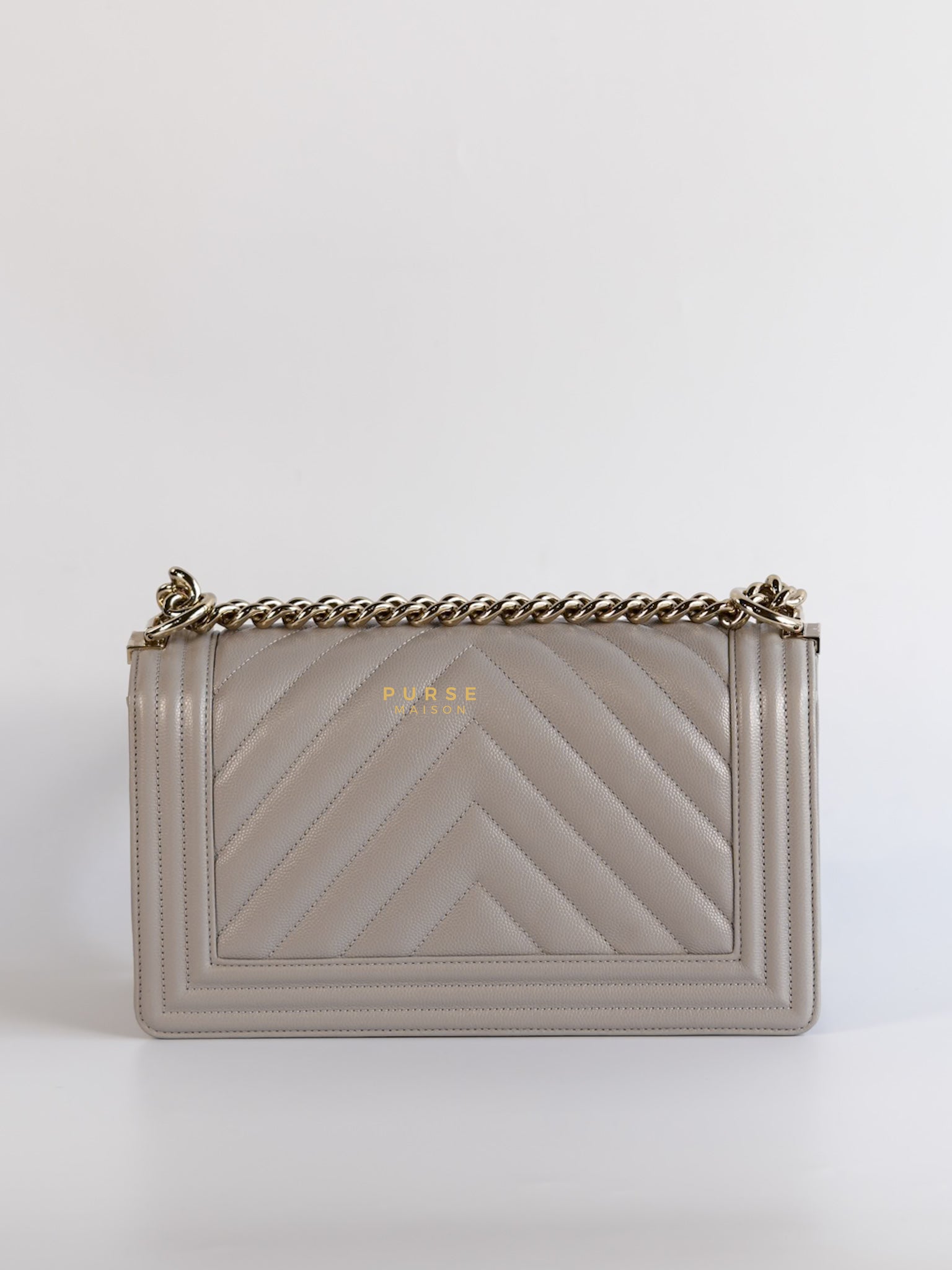 Boy Old Medium in Grey Chevron Caviar & Light Gold Hardware (Microchip) | Purse Maison Luxury Bags Shop