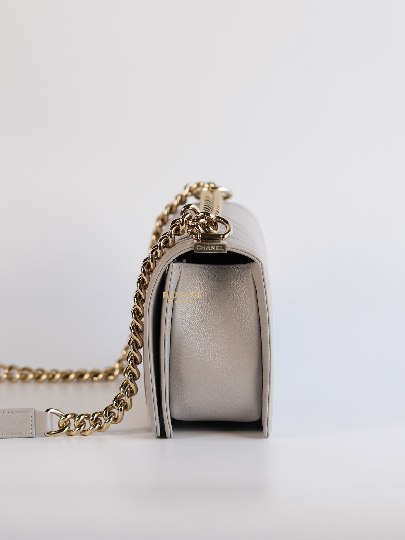 Boy Old Medium in Grey Chevron Caviar & Light Gold Hardware (Microchip) | Purse Maison Luxury Bags Shop