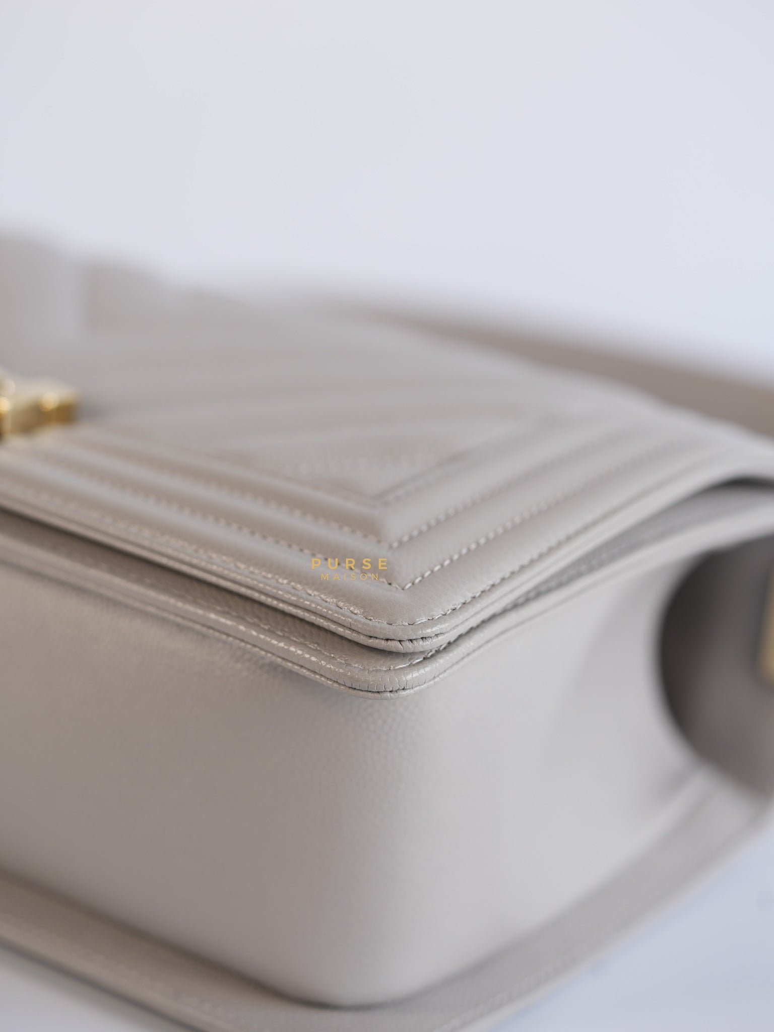 Boy Old Medium in Grey Chevron Caviar & Light Gold Hardware (Microchip) | Purse Maison Luxury Bags Shop