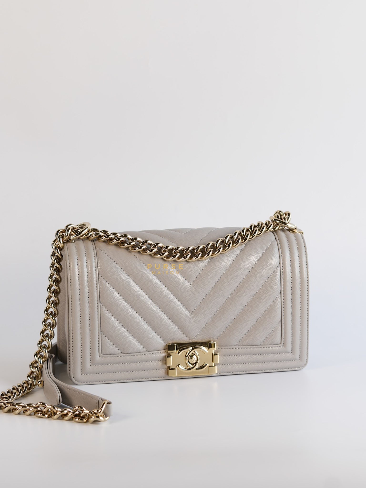 Boy Old Medium in Grey Chevron Caviar & Light Gold Hardware (Microchip) | Purse Maison Luxury Bags Shop