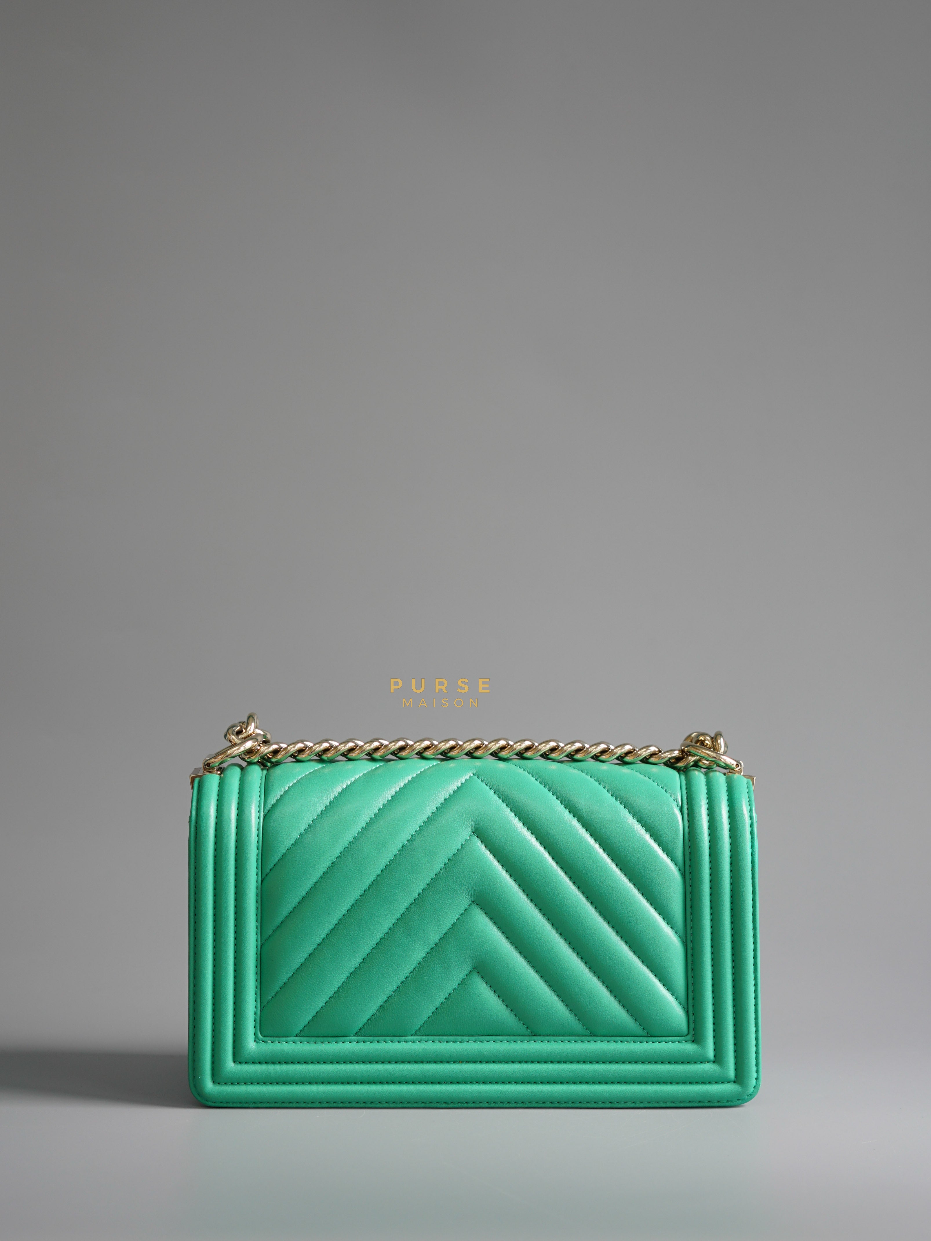 Chanel Boy Medium in Mint Green Chevron Lambskin Leather and Light Gold Hardware Series 23 | Purse Maison Luxury Bags Shop