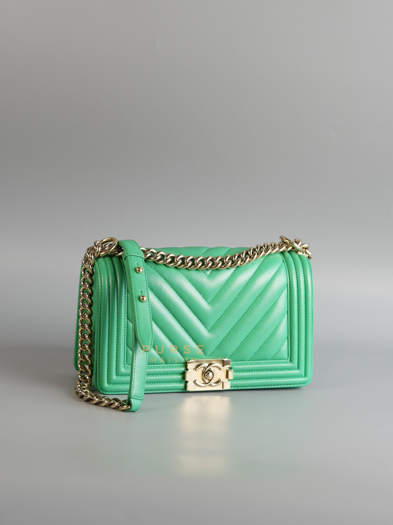 Boy Old Medium in Mint Green Chevron Lambskin Leather and Light Gold Hardware Series 23 | Purse Maison Luxury Bags Shop