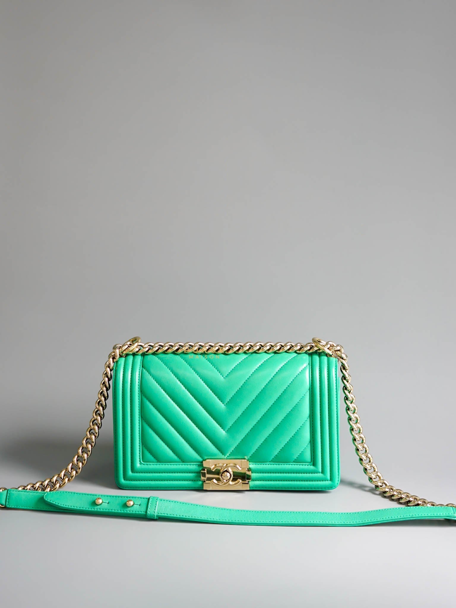 Chanel Boy Medium in Mint Green Chevron Lambskin Leather and Light Gold Hardware Series 23 | Purse Maison Luxury Bags Shop