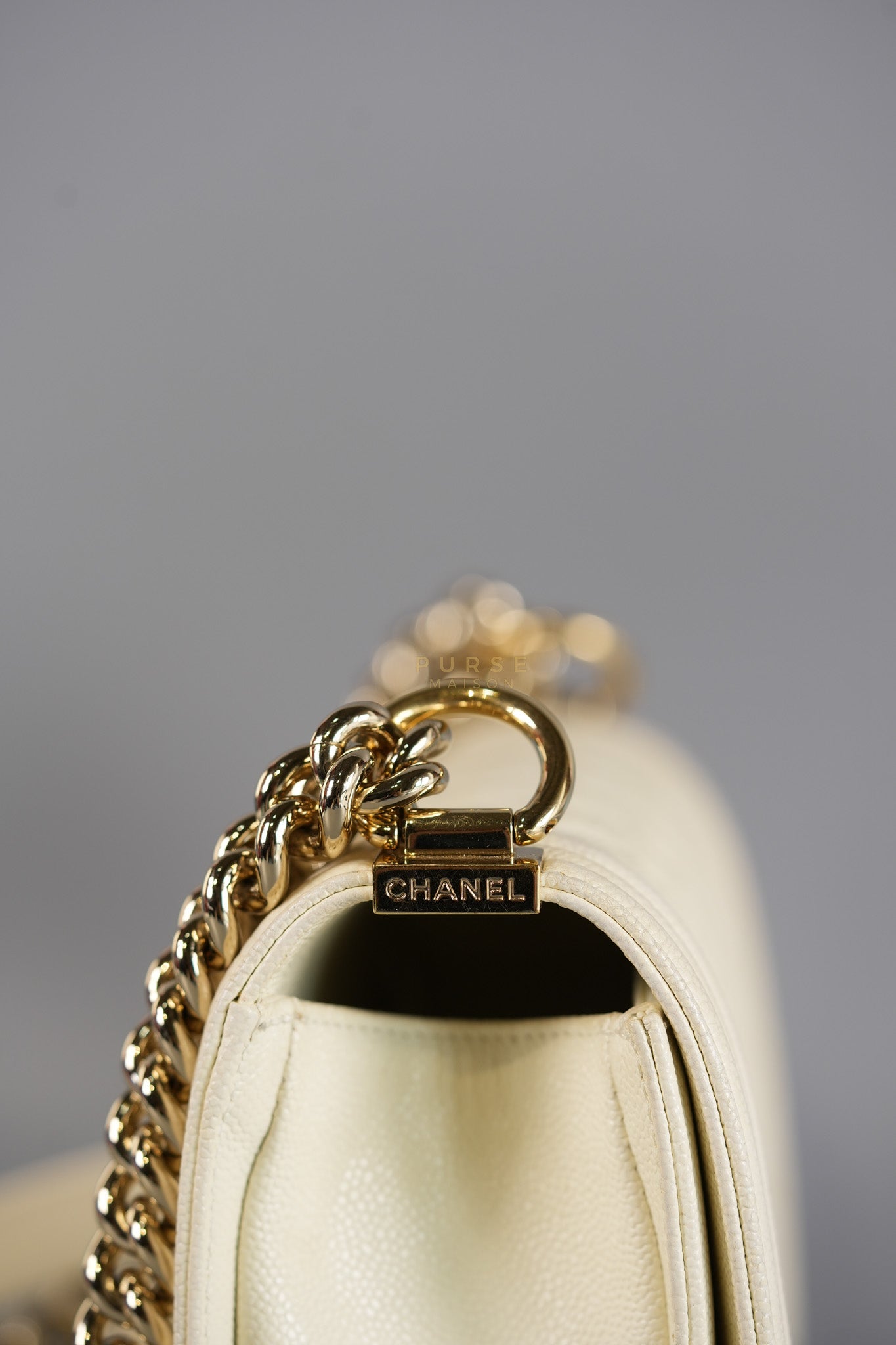 Boy Old Medium in Off White Caviar Leather and Light Gold Hardware (Microchip) | Purse Maison Luxury Bags Shop
