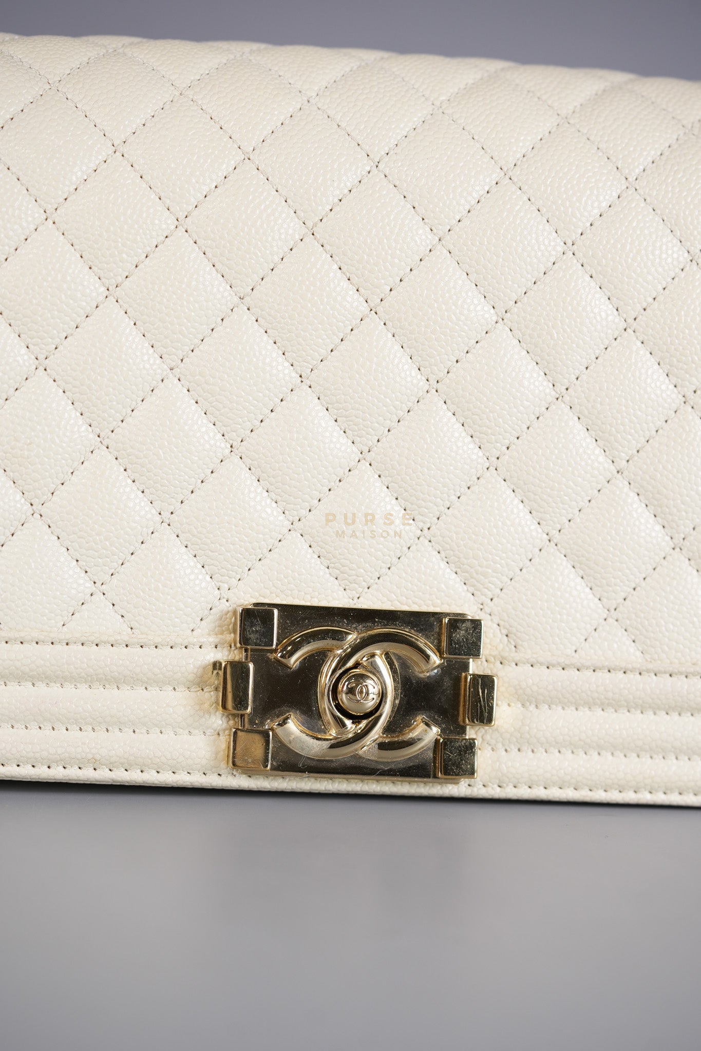 Boy Old Medium in Off White Caviar Leather and Light Gold Hardware (Microchip) | Purse Maison Luxury Bags Shop