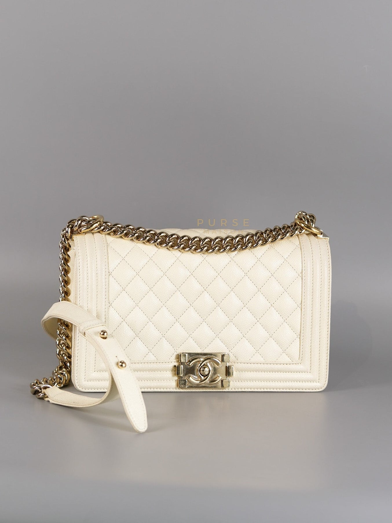 Boy Old Medium in Off White Caviar Leather and Light Gold Hardware (Microchip) | Purse Maison Luxury Bags Shop
