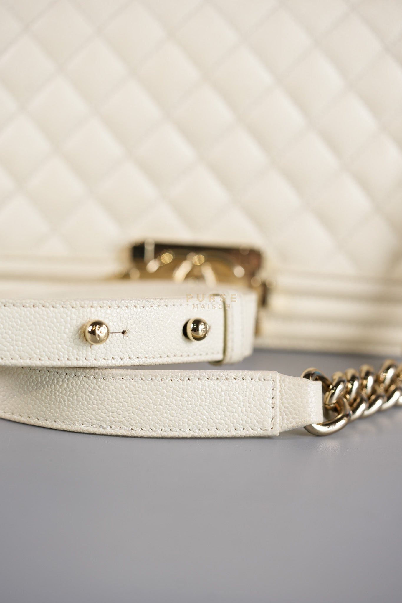 Boy Old Medium in Off White Caviar Leather and Light Gold Hardware (Microchip) | Purse Maison Luxury Bags Shop