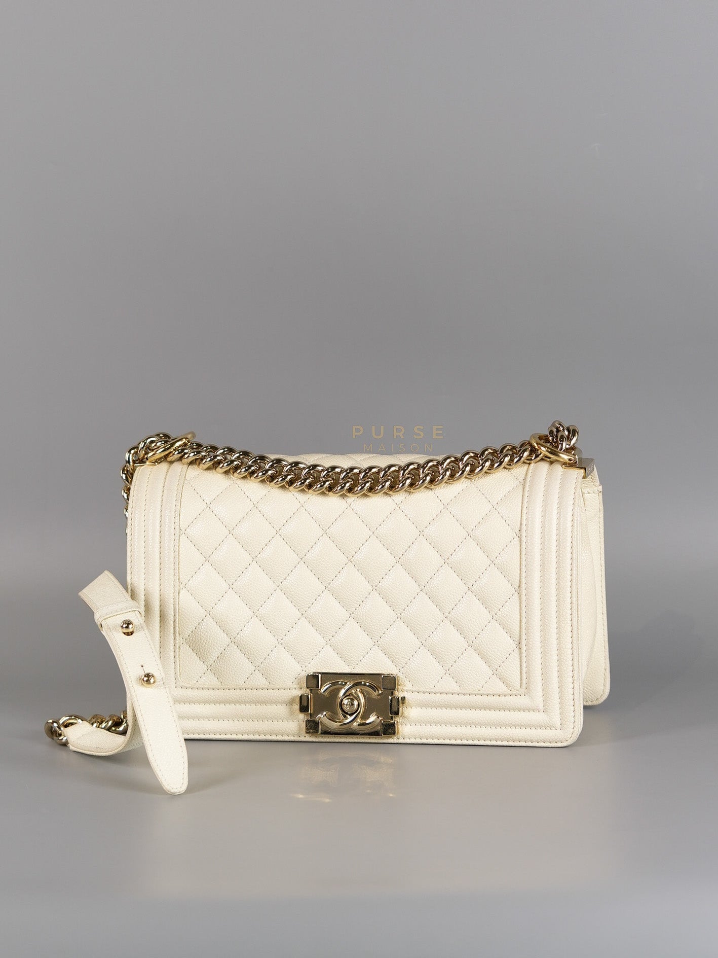 Boy Old Medium in Off White Caviar Leather and Light Gold Hardware (Microchip) | Purse Maison Luxury Bags Shop