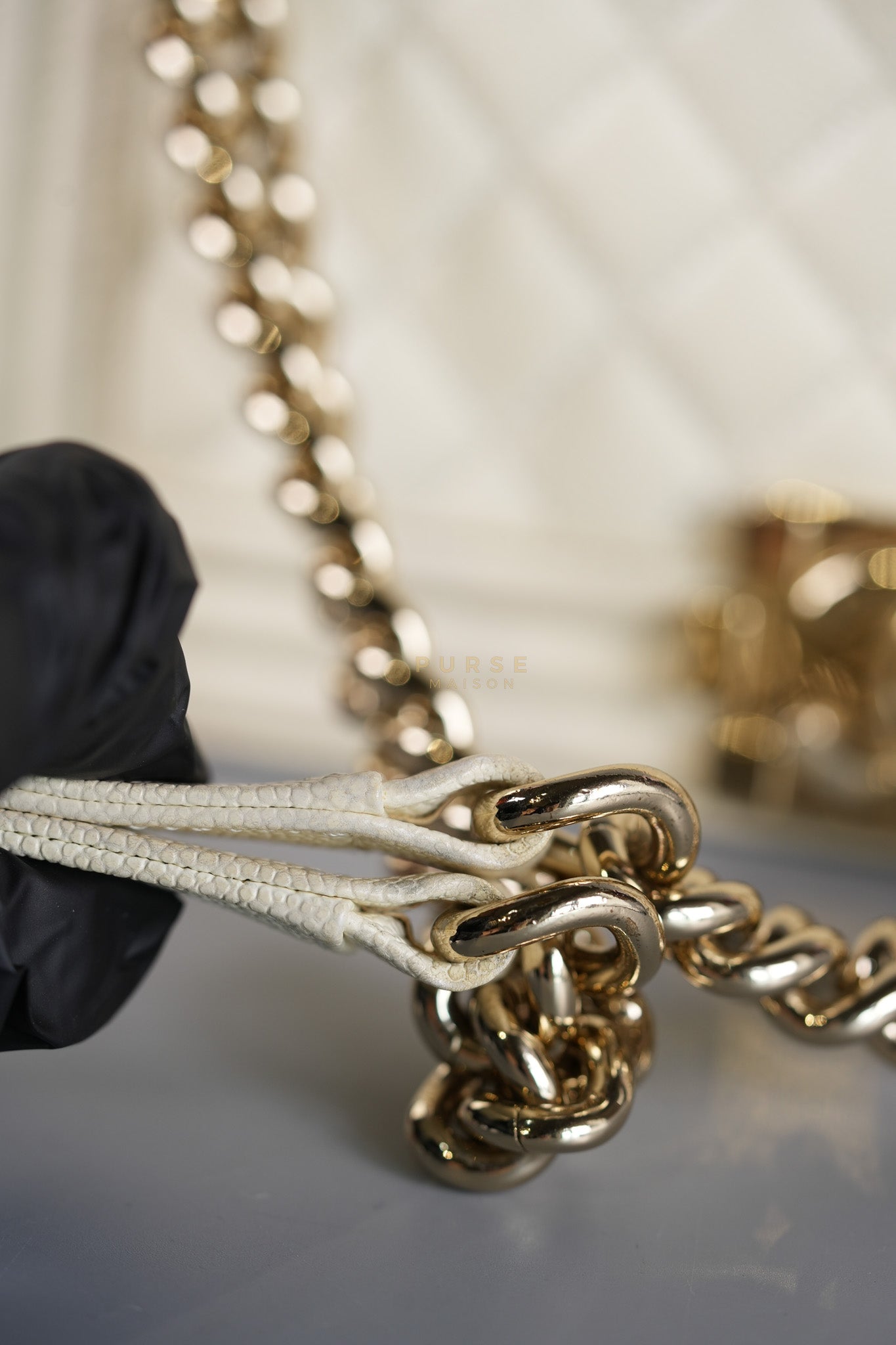 Boy Old Medium in Off White Caviar Leather and Light Gold Hardware (Microchip) | Purse Maison Luxury Bags Shop