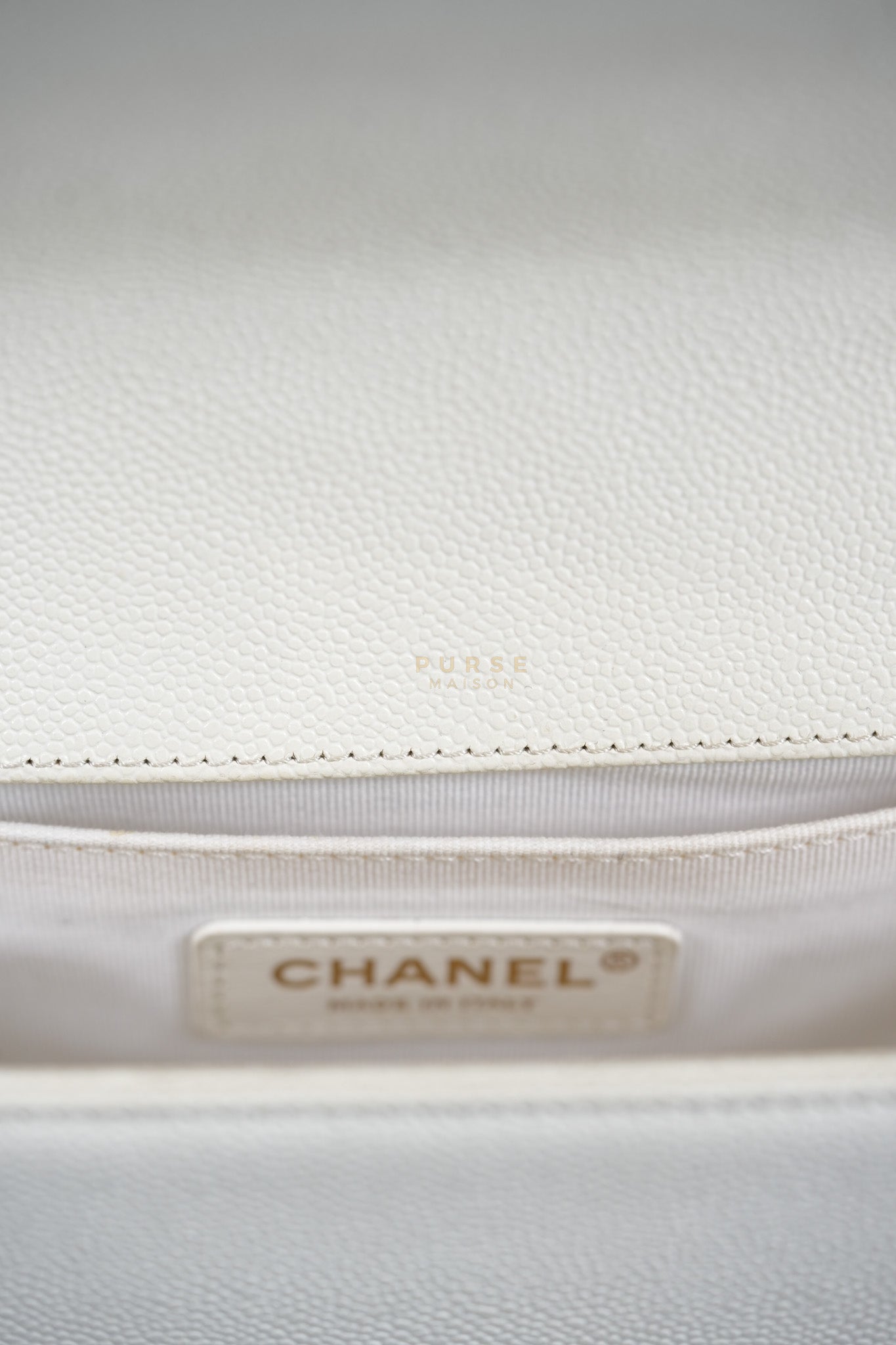 Boy Old Medium in Off White Caviar Leather and Light Gold Hardware (Microchip) | Purse Maison Luxury Bags Shop
