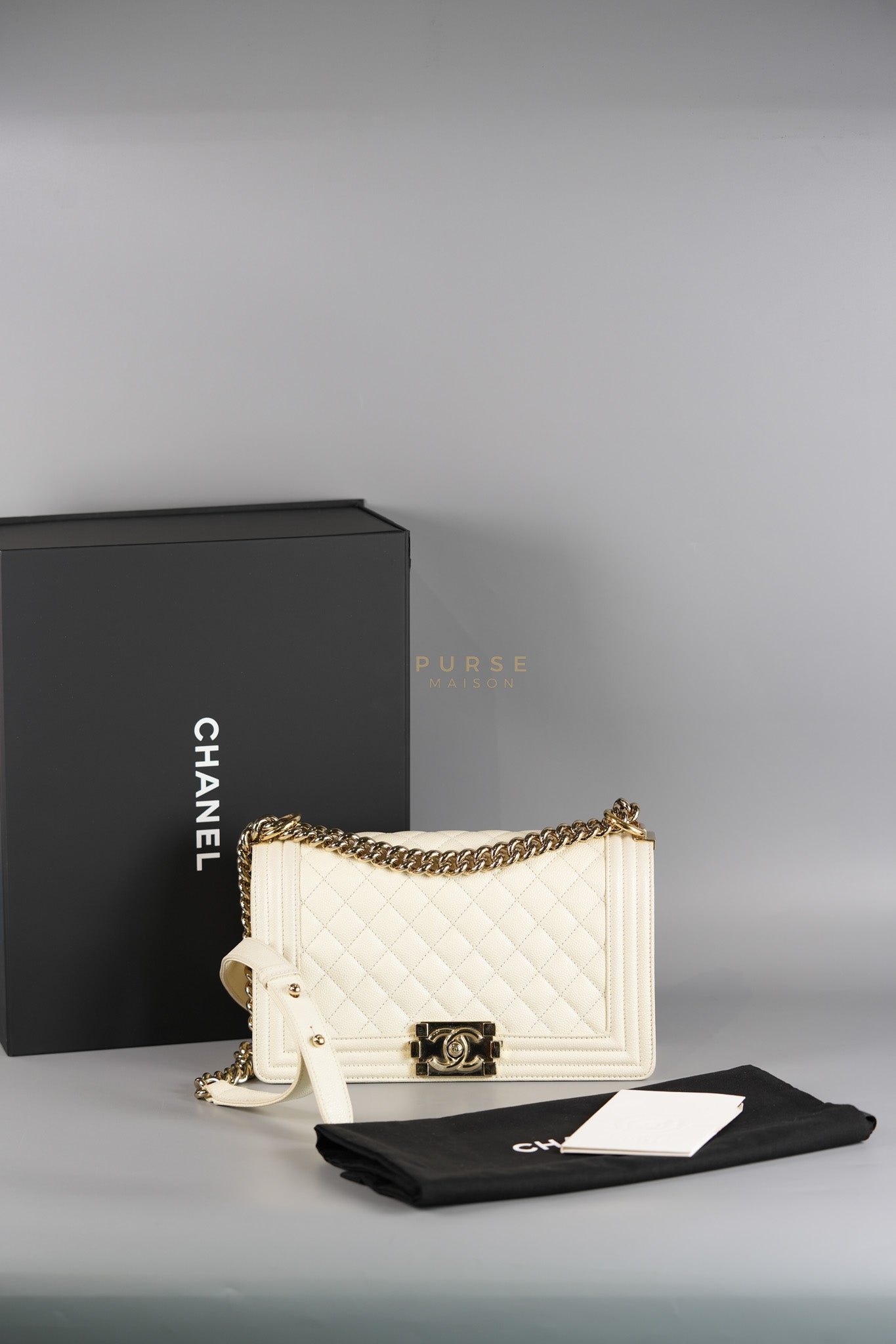 Boy Old Medium in Off White Caviar Leather and Light Gold Hardware (Microchip) | Purse Maison Luxury Bags Shop