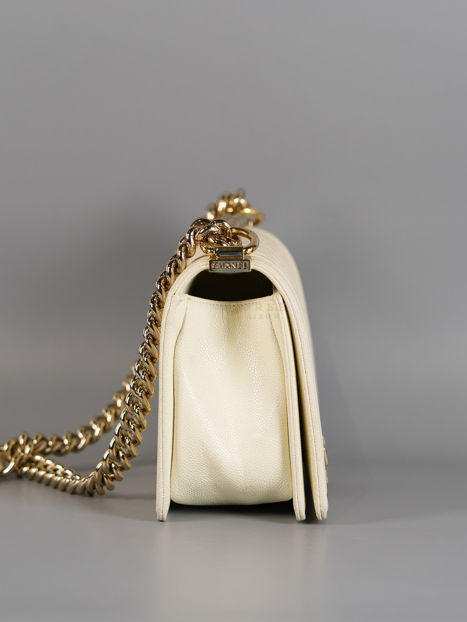 Boy Old Medium in Off White Caviar Leather and Light Gold Hardware (Microchip) | Purse Maison Luxury Bags Shop