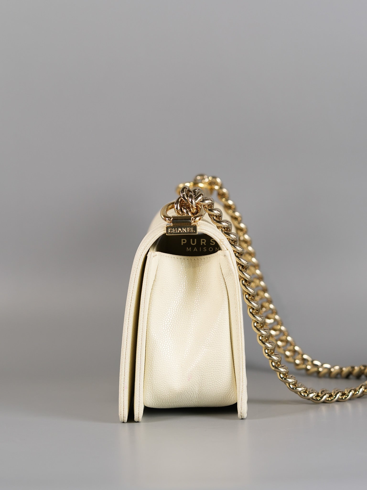 Boy Old Medium in Off White Caviar Leather and Light Gold Hardware (Microchip) | Purse Maison Luxury Bags Shop