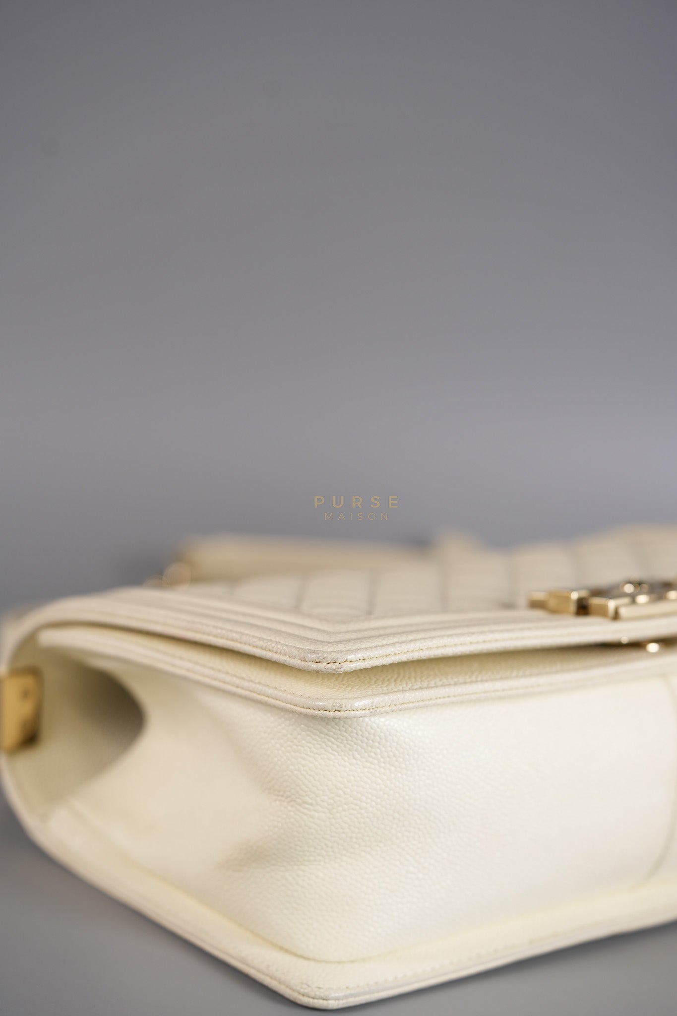 Boy Old Medium in Off White Caviar Leather and Light Gold Hardware (Microchip) | Purse Maison Luxury Bags Shop