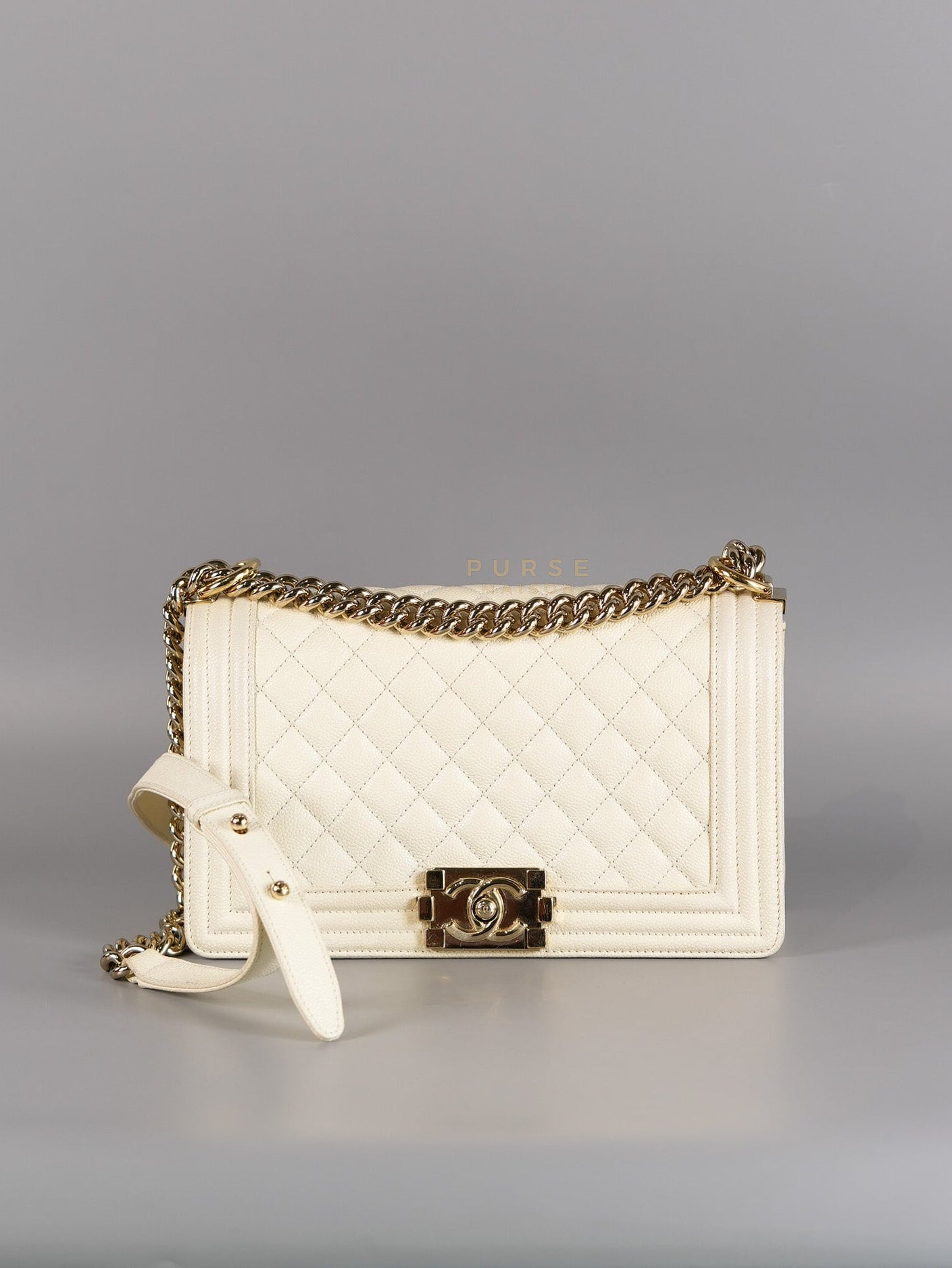 Boy Old Medium in Off White Caviar Leather and Light Gold Hardware (Microchip) | Purse Maison Luxury Bags Shop