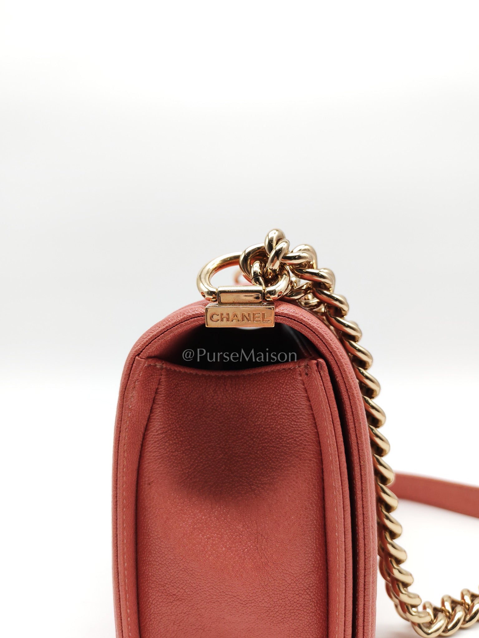 Boy Old Medium in Salmon Pink Chevron Calfskin Leather and Champagne Hardware Series 28 | Purse Maison Luxury Bags Shop