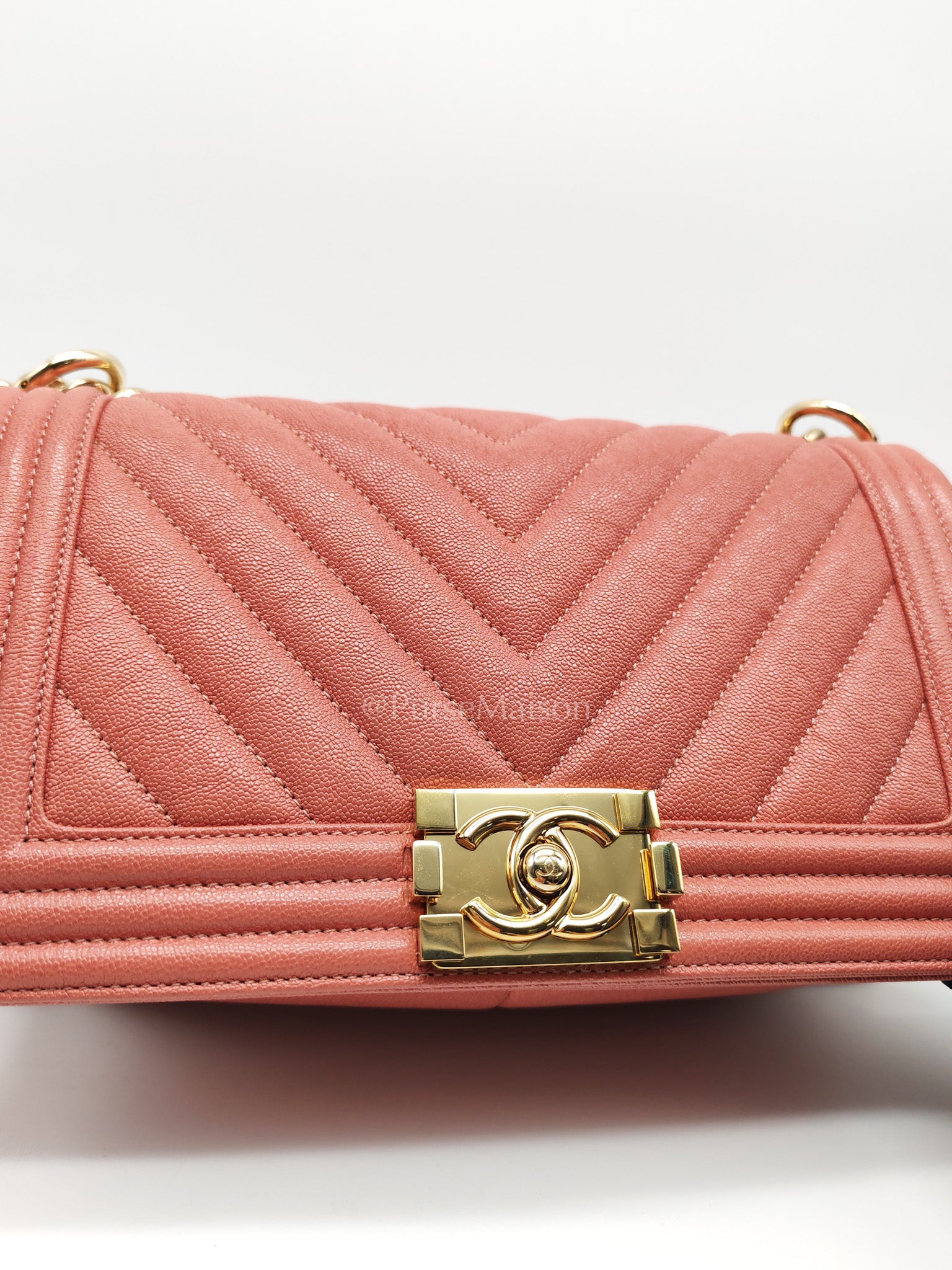 Boy Old Medium in Salmon Pink Chevron Calfskin Leather and Champagne Hardware Series 28 | Purse Maison Luxury Bags Shop