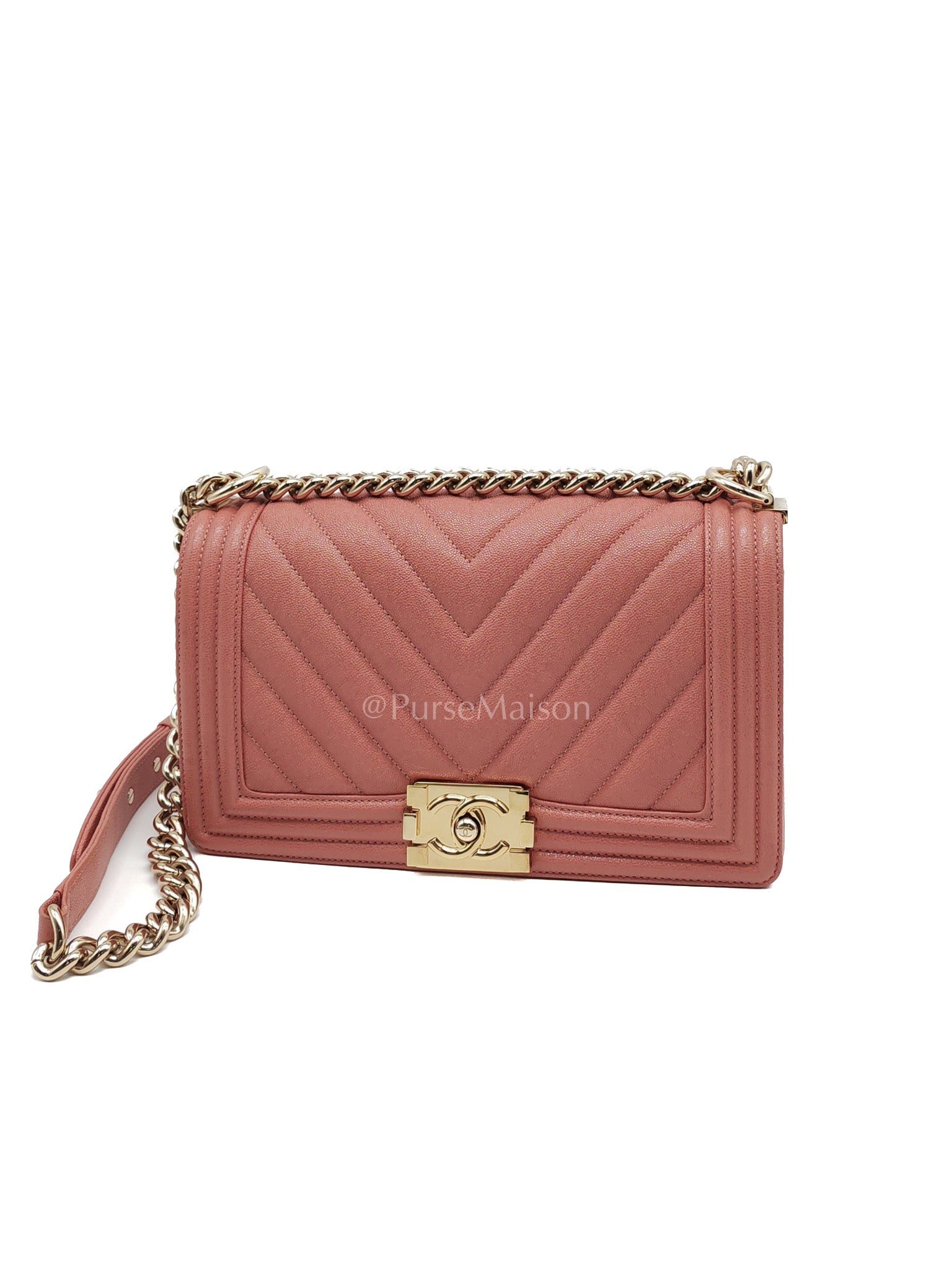 Boy Old Medium in Salmon Pink Chevron Calfskin Leather and Champagne Hardware Series 28 | Purse Maison Luxury Bags Shop