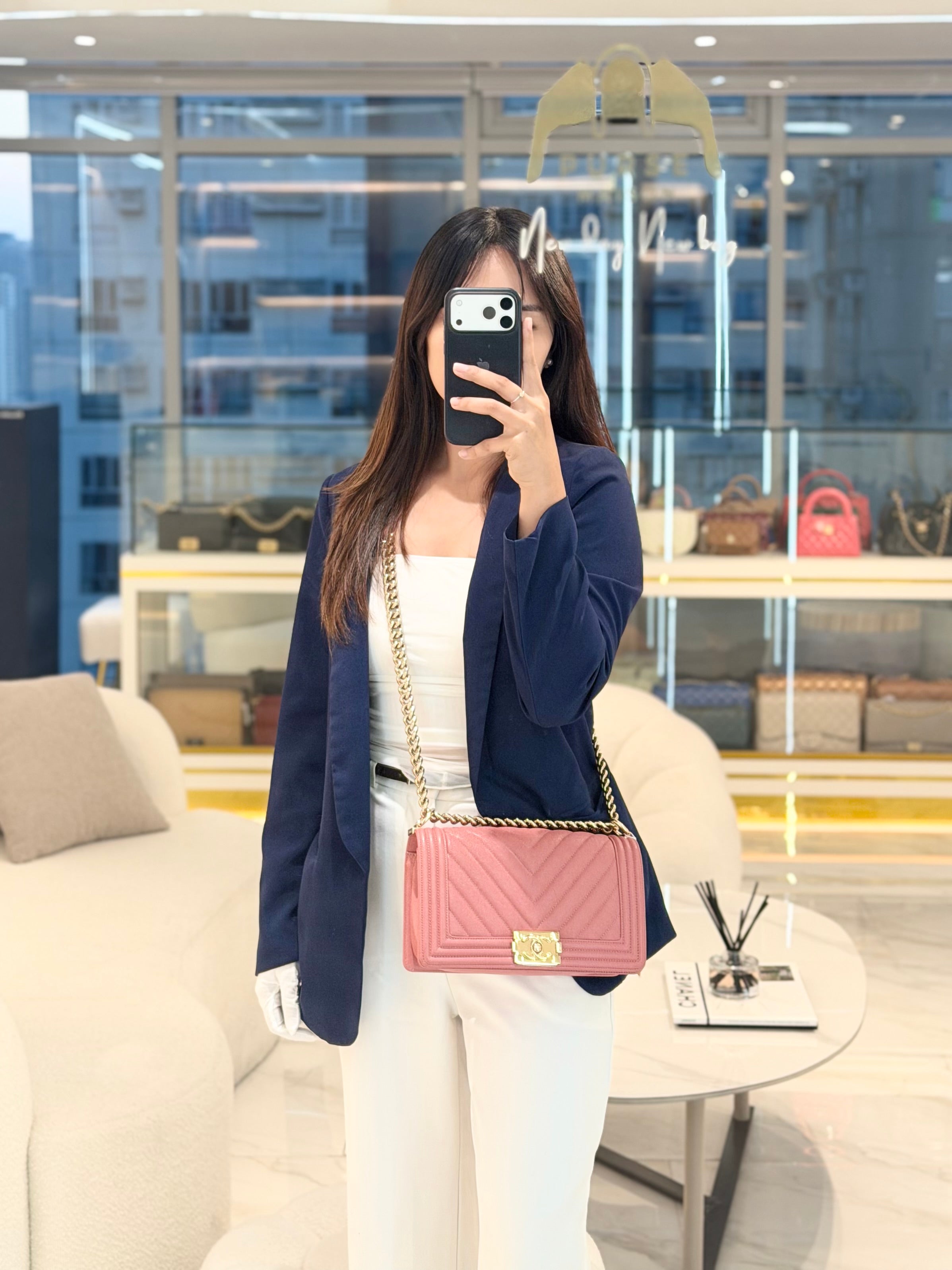 Boy Old Medium in Salmon Pink Chevron Calfskin Leather and Champagne Hardware Series 28 | Purse Maison Luxury Bags Shop