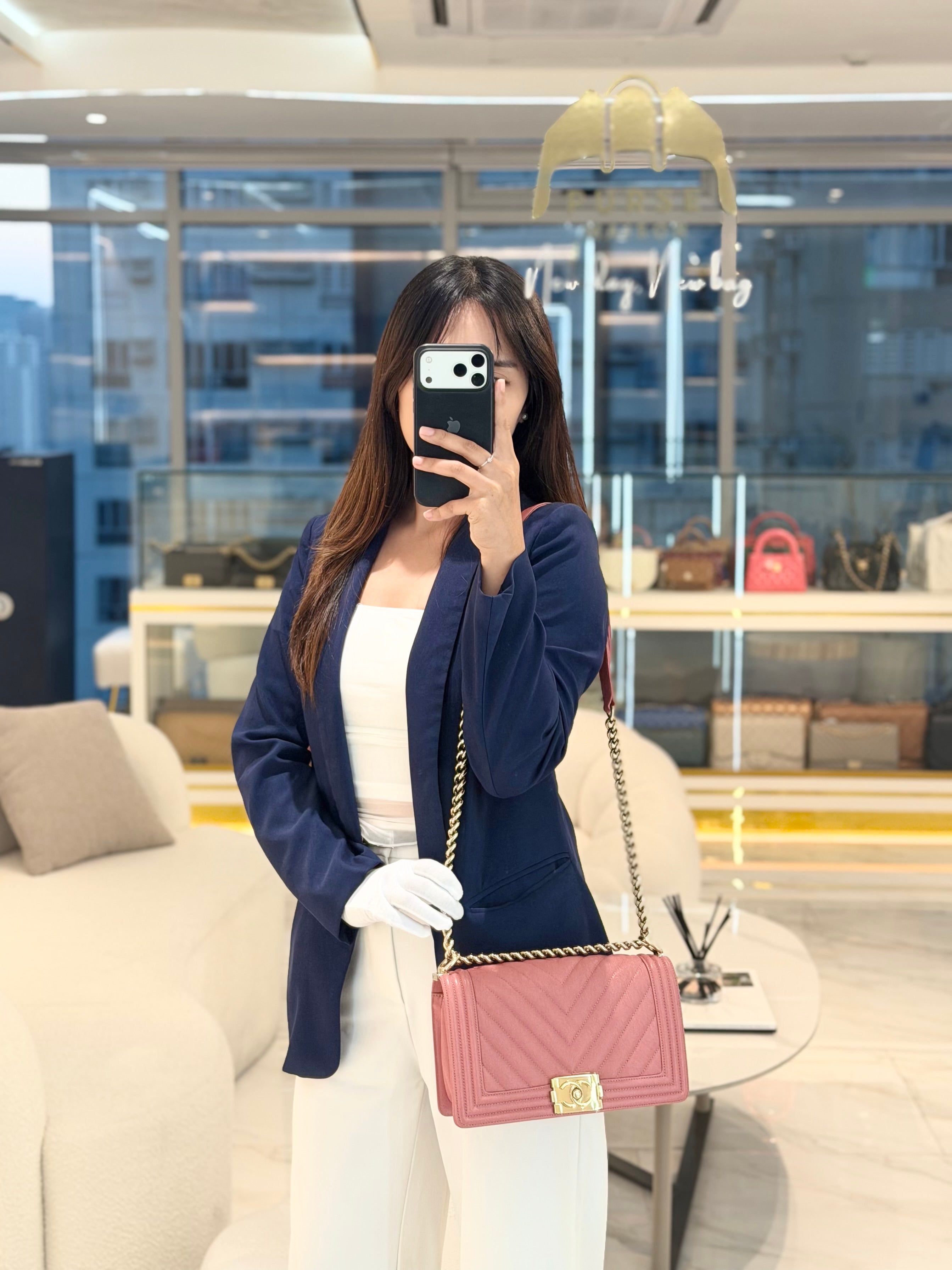 Boy Old Medium in Salmon Pink Chevron Calfskin Leather and Champagne Hardware Series 28 | Purse Maison Luxury Bags Shop