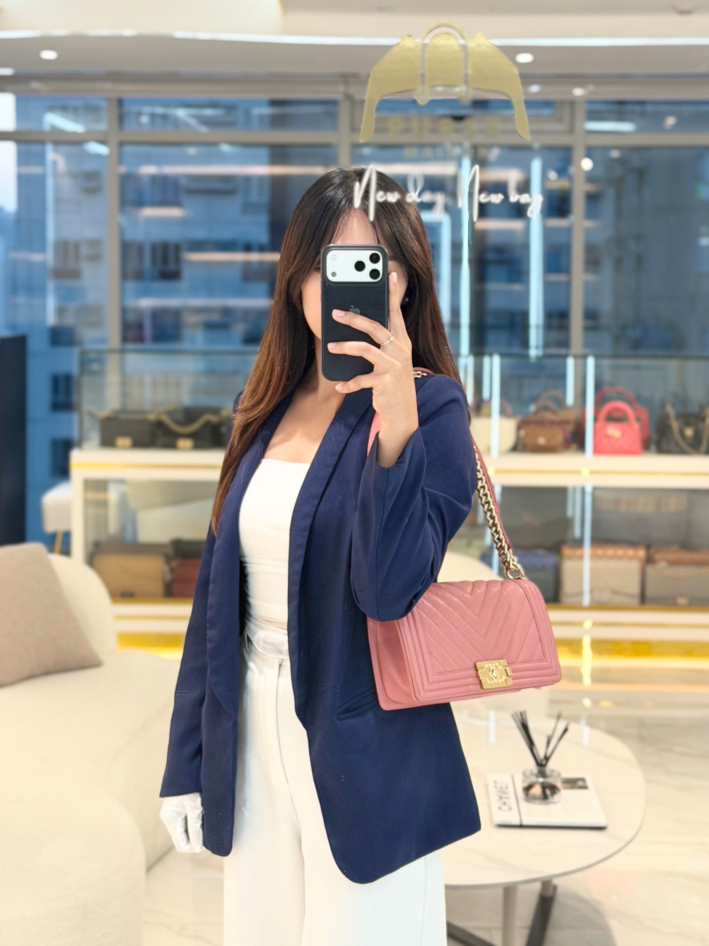 Boy Old Medium in Salmon Pink Chevron Calfskin Leather and Champagne Hardware Series 28 | Purse Maison Luxury Bags Shop