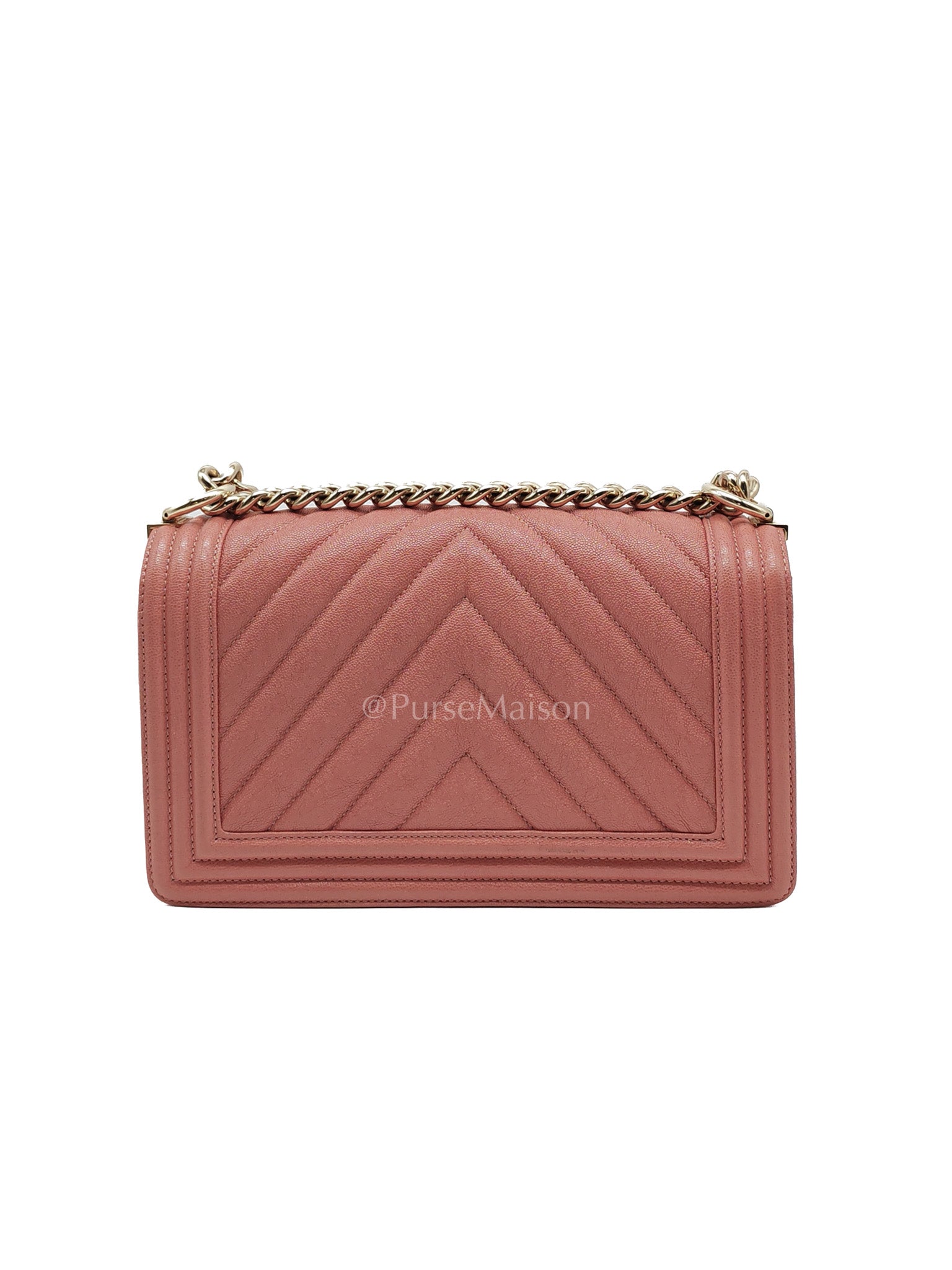 Boy Old Medium in Salmon Pink Chevron Calfskin Leather and Champagne Hardware Series 28 | Purse Maison Luxury Bags Shop