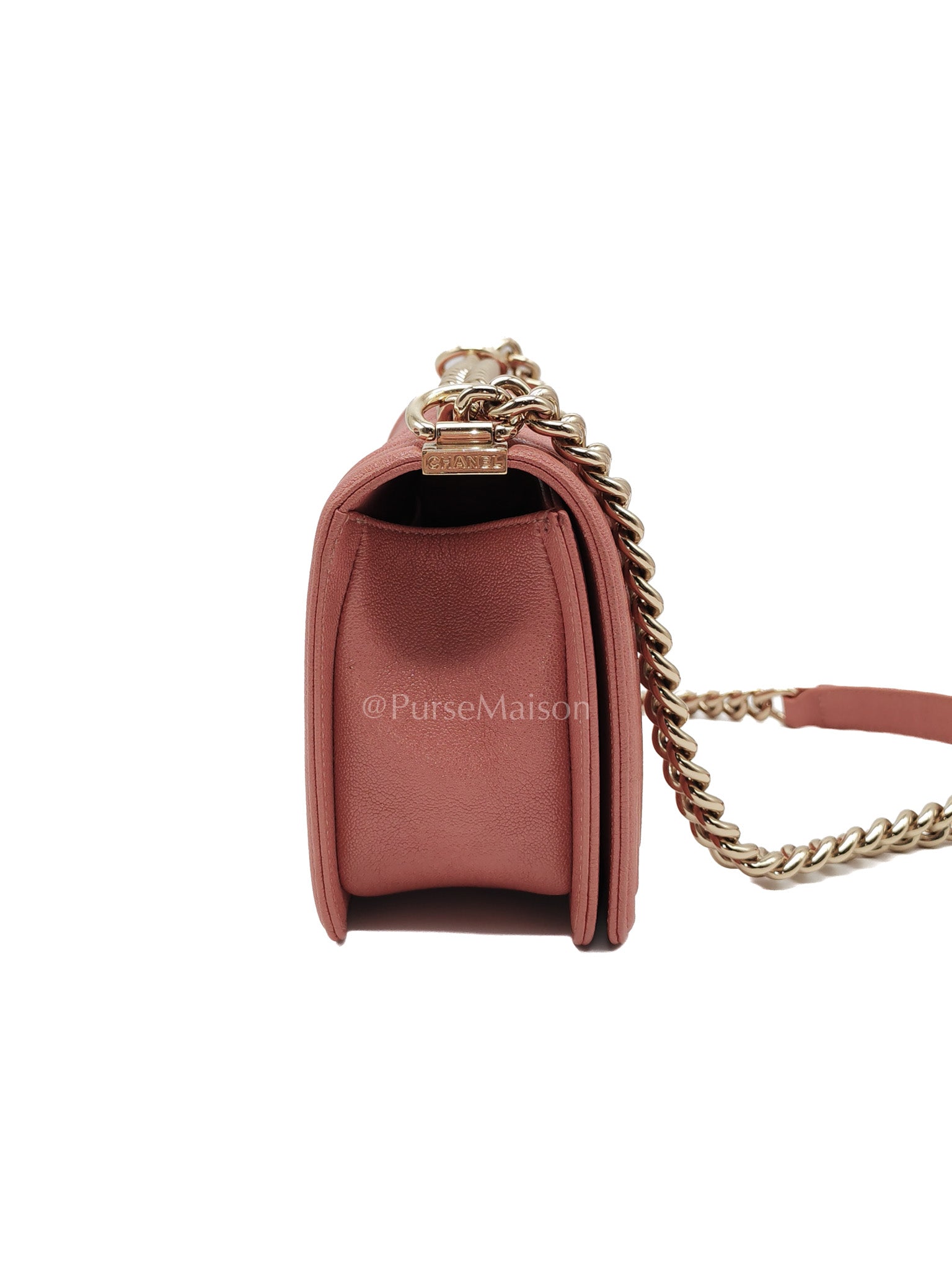 Boy Old Medium in Salmon Pink Chevron Calfskin Leather and Champagne Hardware Series 28 | Purse Maison Luxury Bags Shop