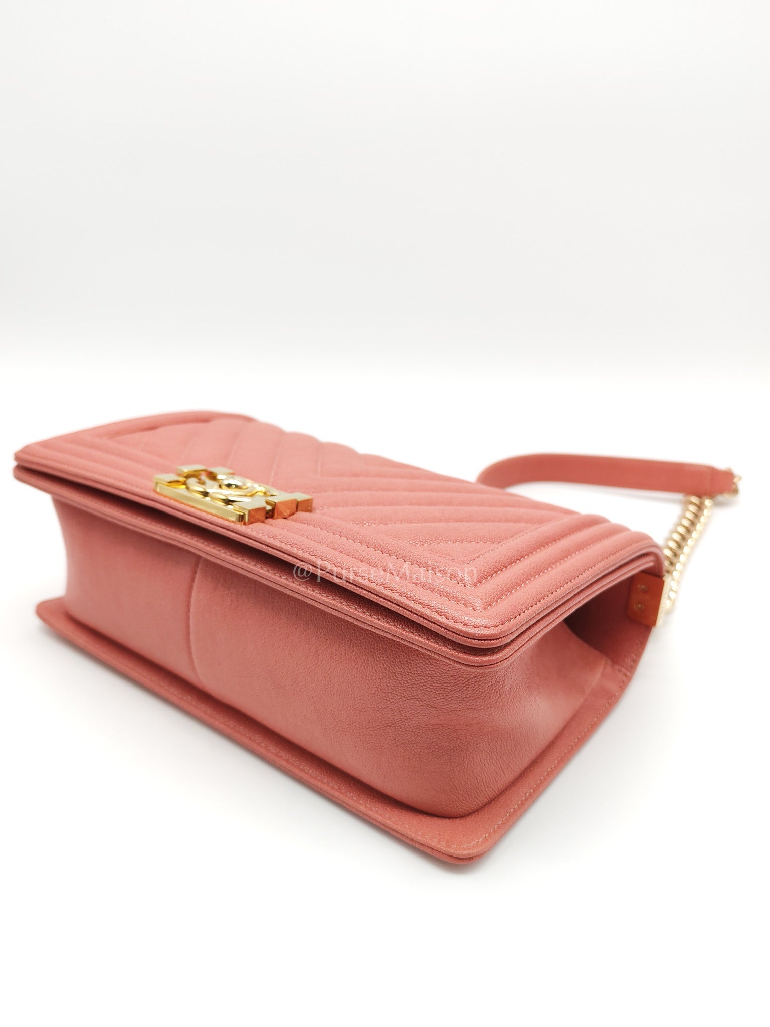 Boy Old Medium in Salmon Pink Chevron Calfskin Leather and Champagne Hardware Series 28 | Purse Maison Luxury Bags Shop