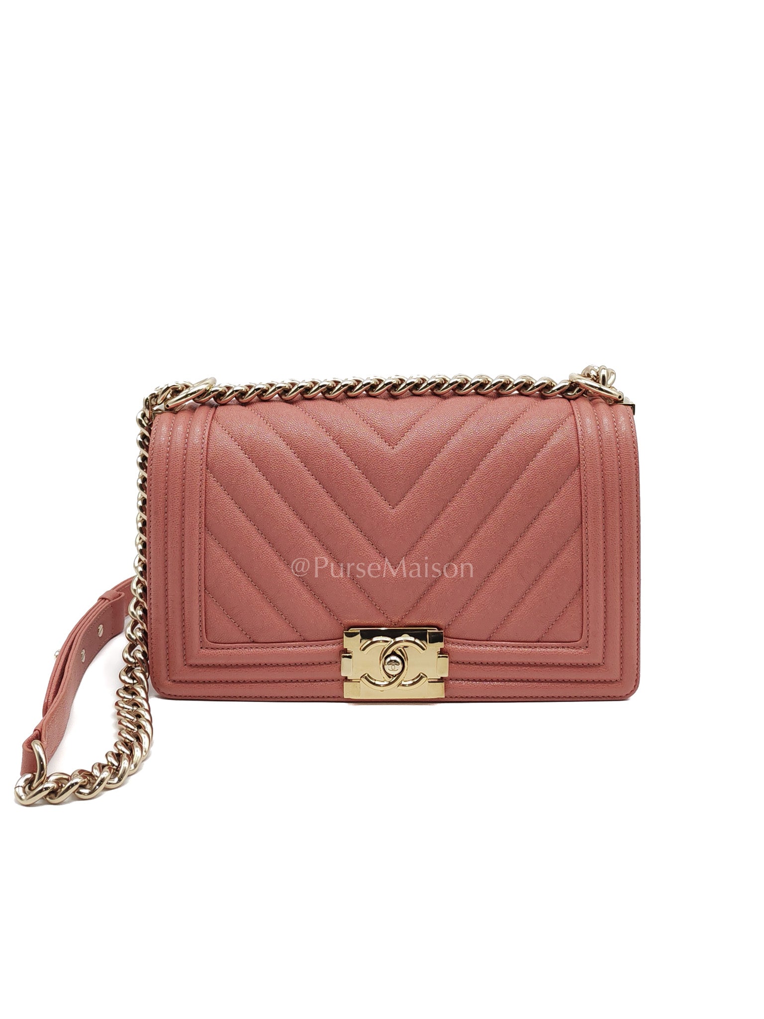 Boy Old Medium in Salmon Pink Chevron Calfskin Leather and Champagne Hardware Series 28 | Purse Maison Luxury Bags Shop