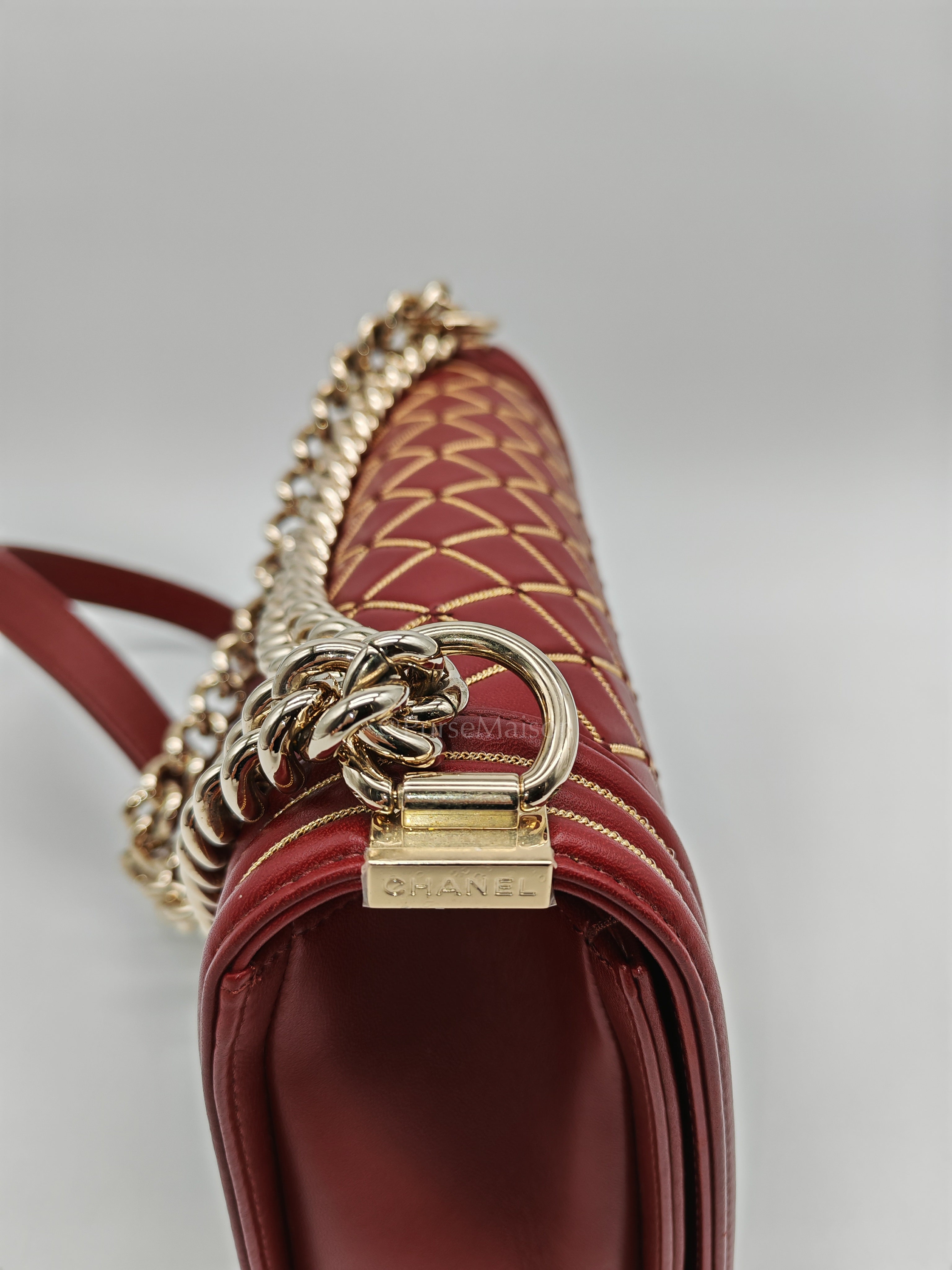 Boy Old Medium in Striking Red Micro Quilted Calfskin Leather & Light Gold Hardware Series 24 | Purse Maison Luxury Bags Shop