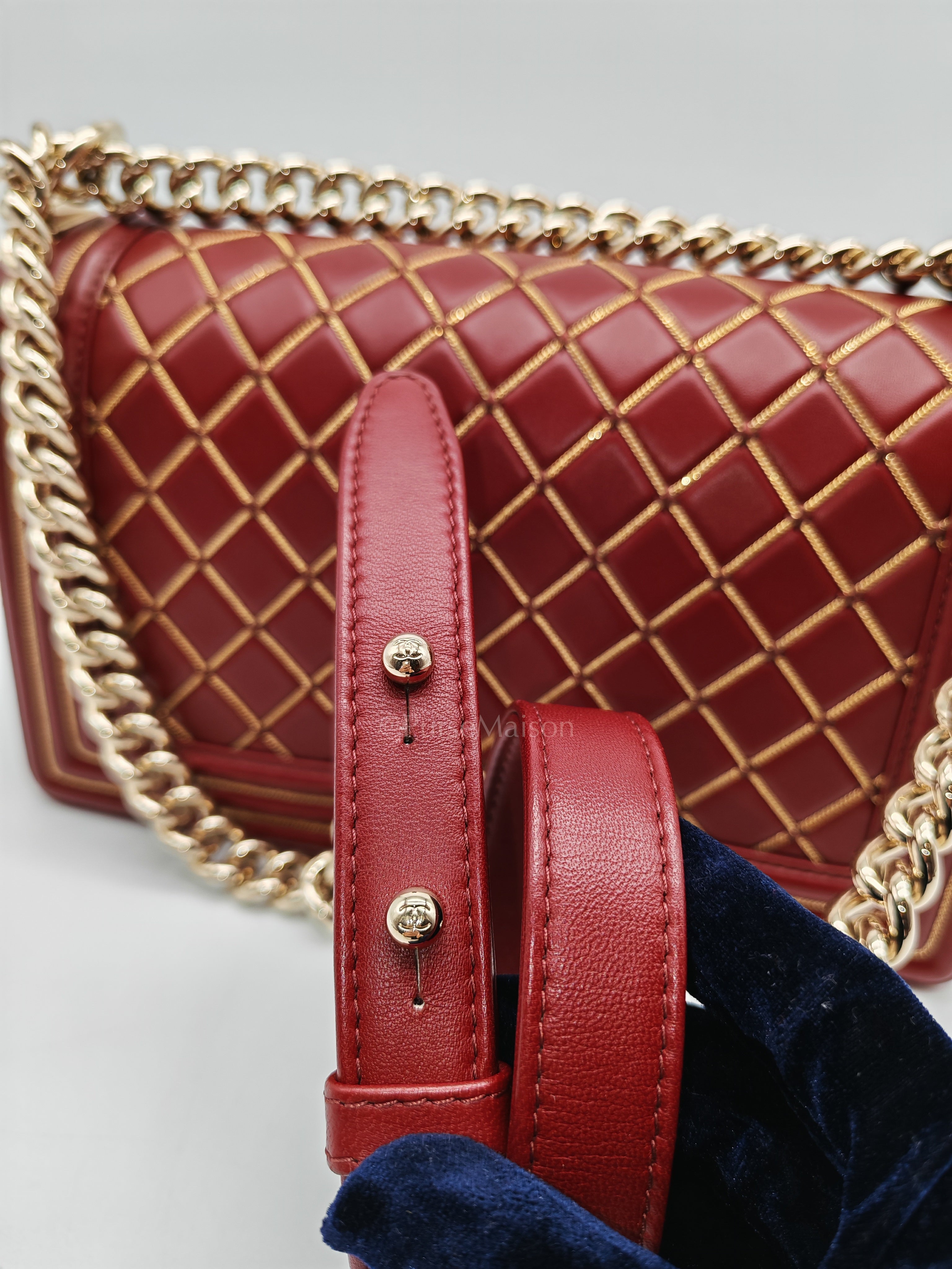 Boy Old Medium in Striking Red Micro Quilted Calfskin Leather & Light Gold Hardware Series 24 | Purse Maison Luxury Bags Shop