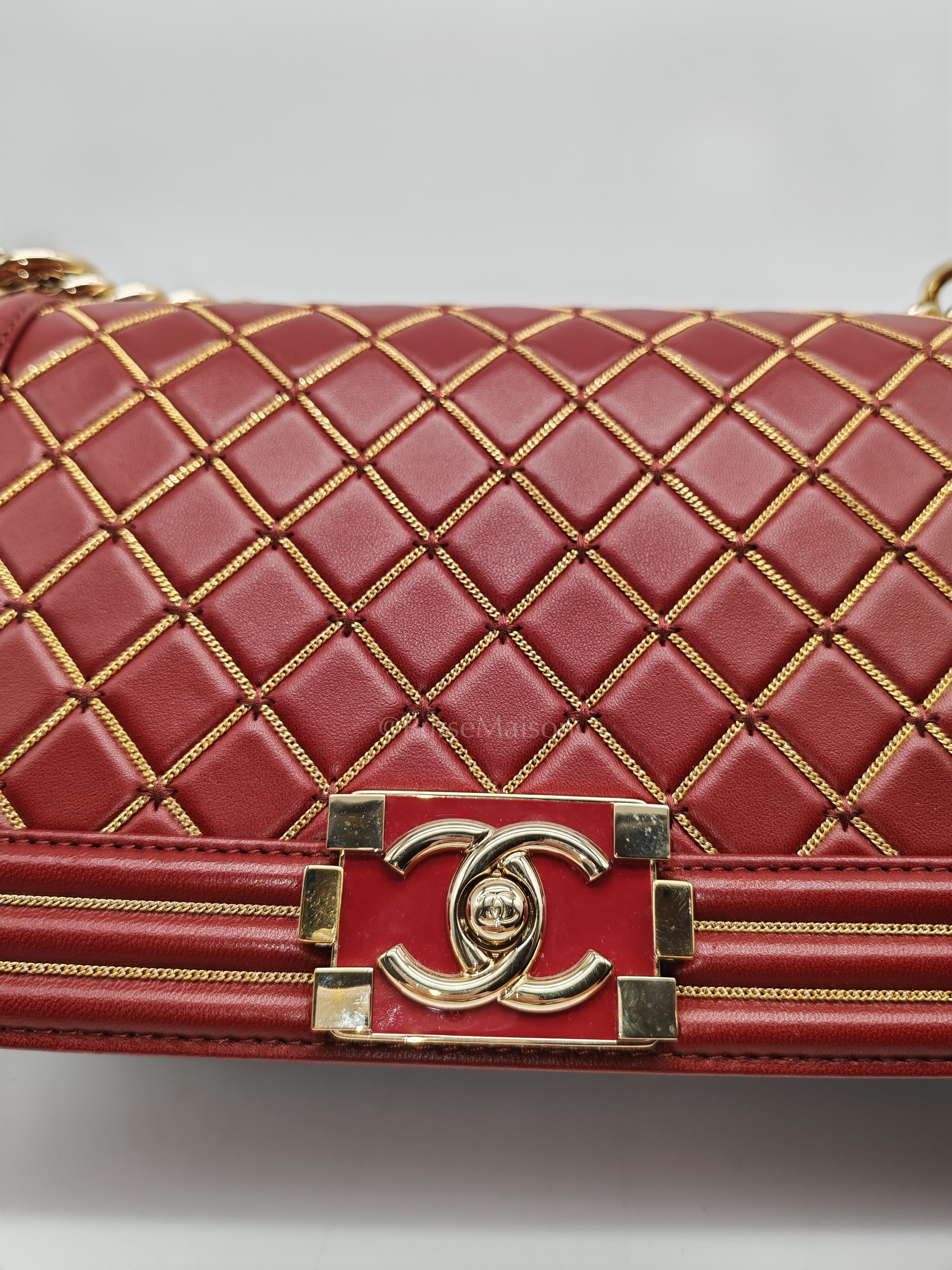 Boy Old Medium in Striking Red Micro Quilted Calfskin Leather & Light Gold Hardware Series 24 | Purse Maison Luxury Bags Shop