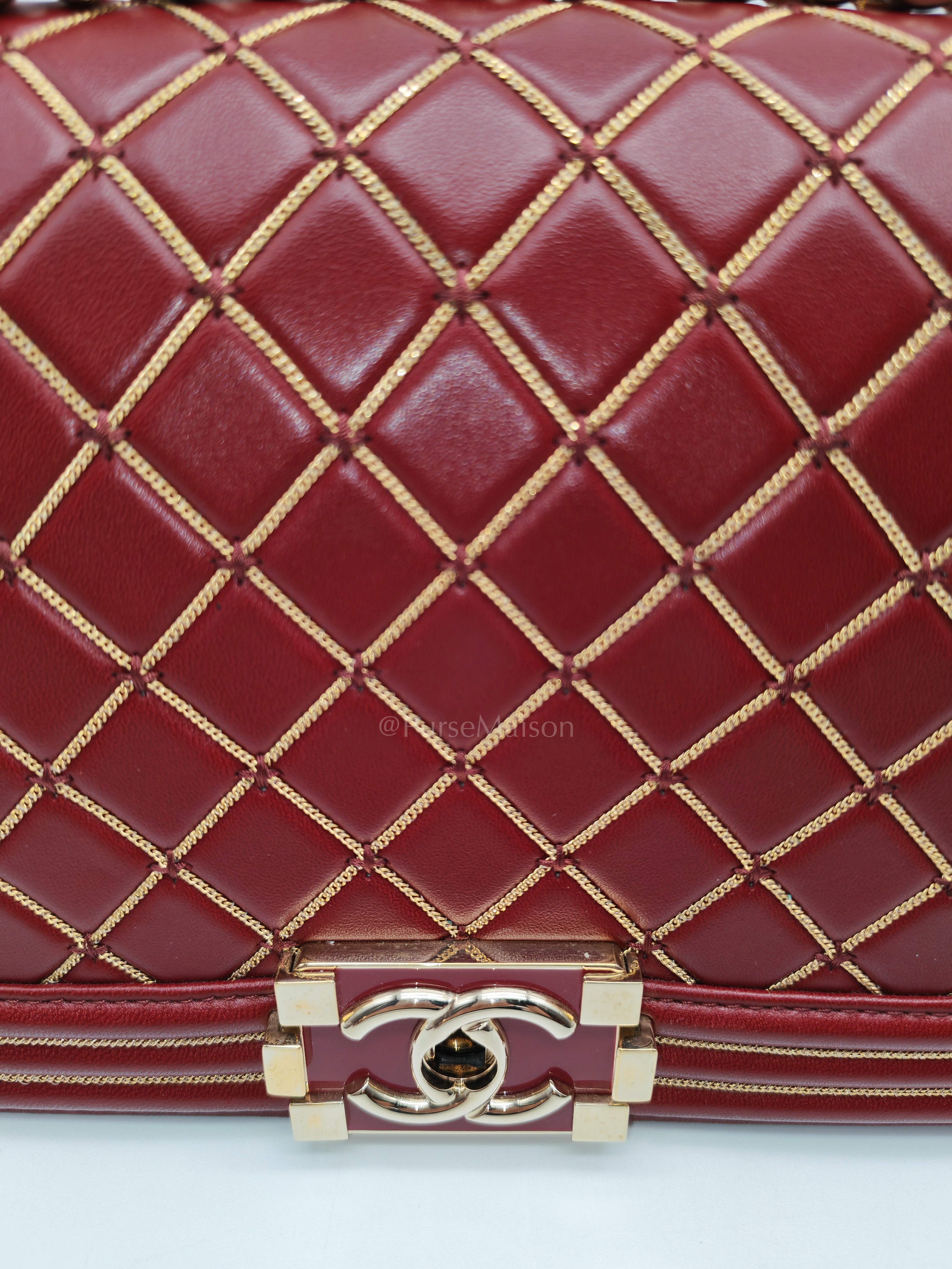 Boy Old Medium in Striking Red Micro Quilted Calfskin Leather & Light Gold Hardware Series 24 | Purse Maison Luxury Bags Shop