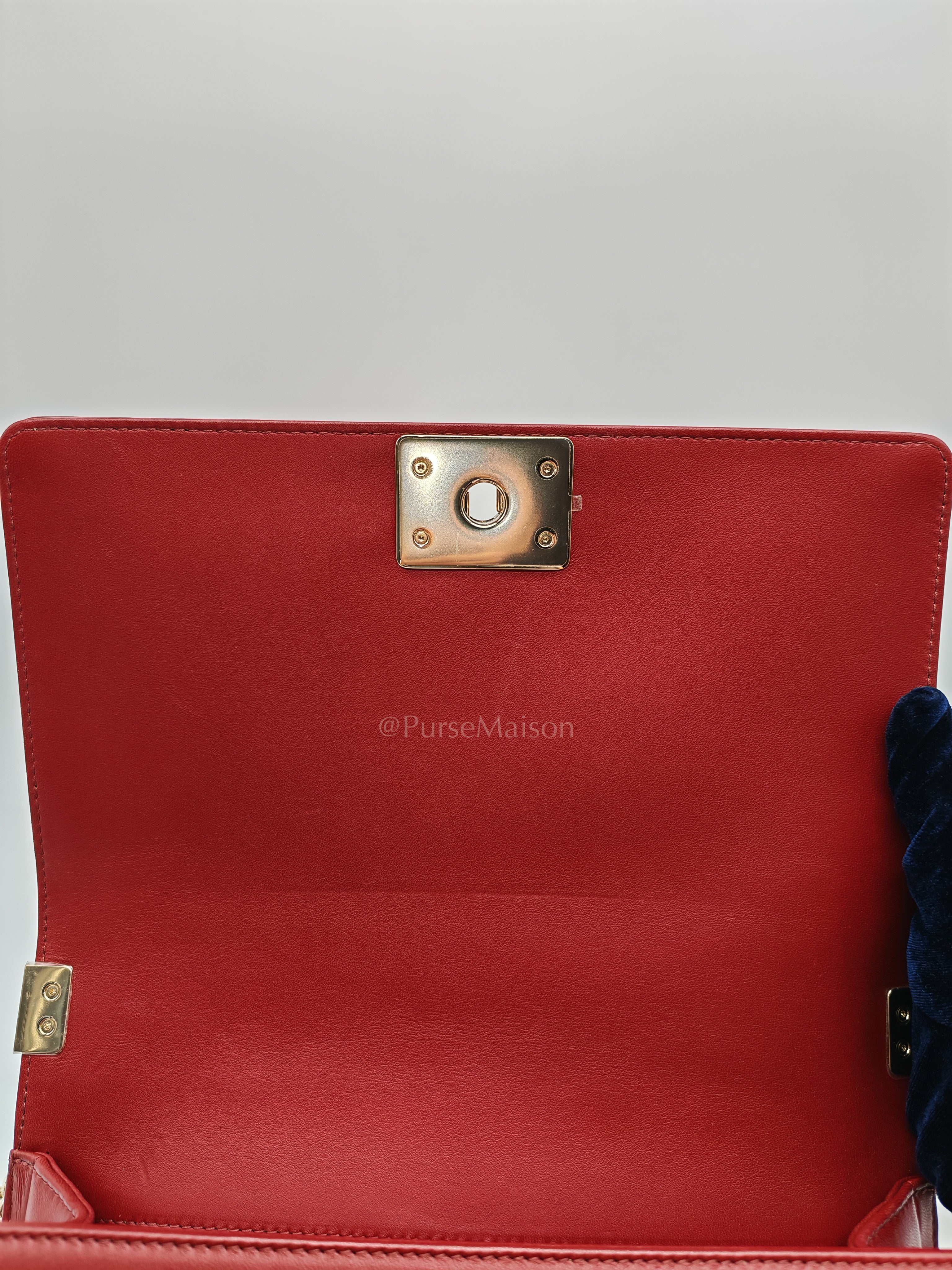 Boy Old Medium in Striking Red Micro Quilted Calfskin Leather & Light Gold Hardware Series 24 | Purse Maison Luxury Bags Shop