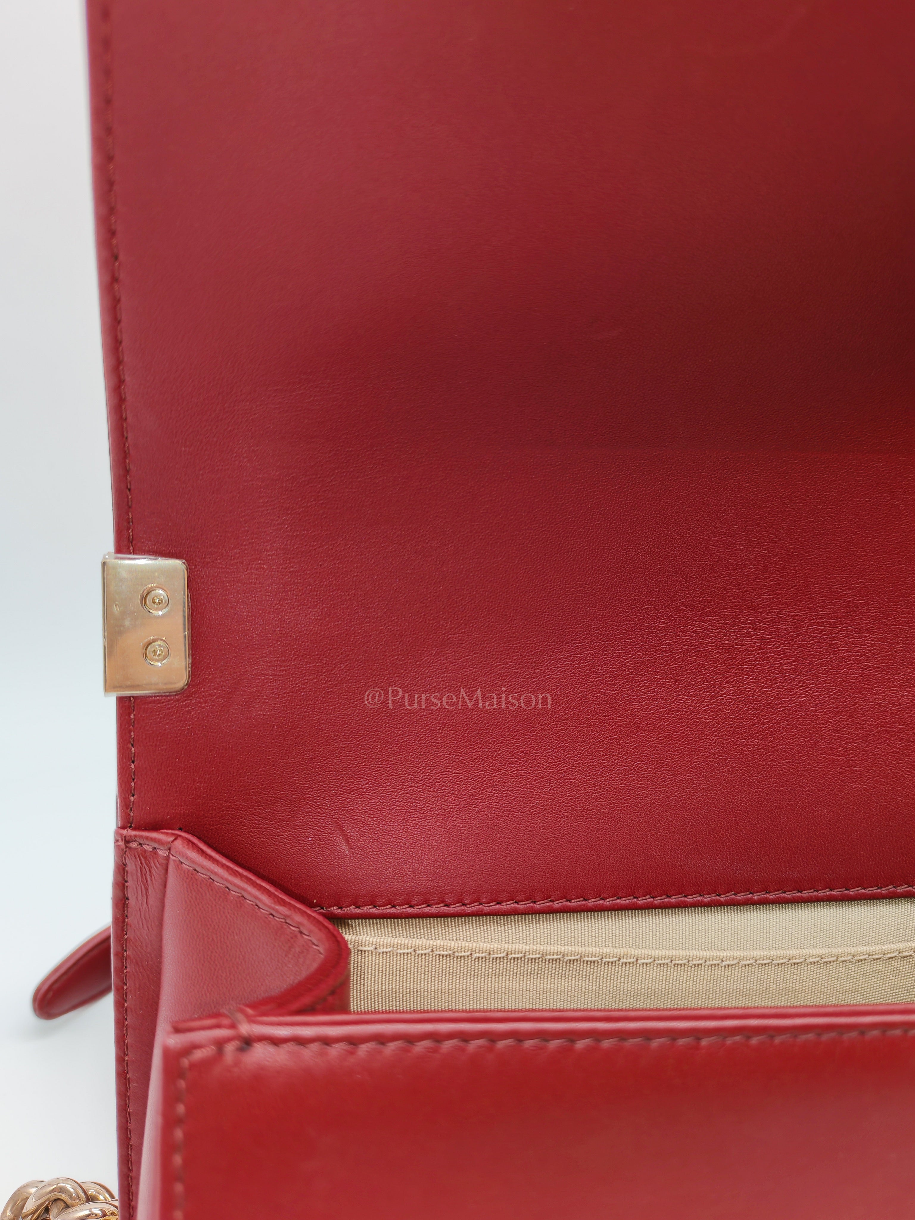 Boy Old Medium in Striking Red Micro Quilted Calfskin Leather & Light Gold Hardware Series 24 | Purse Maison Luxury Bags Shop