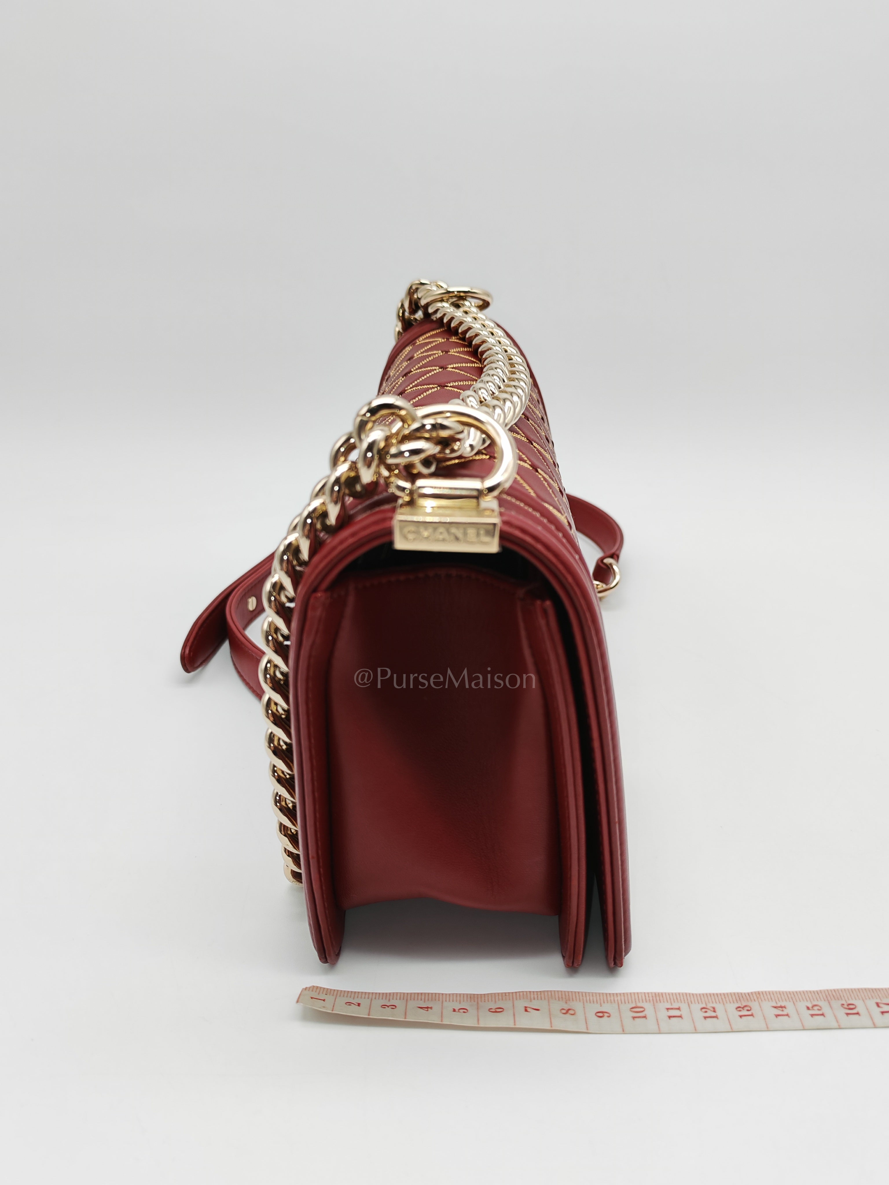 Boy Old Medium in Striking Red Micro Quilted Calfskin Leather & Light Gold Hardware Series 24 | Purse Maison Luxury Bags Shop