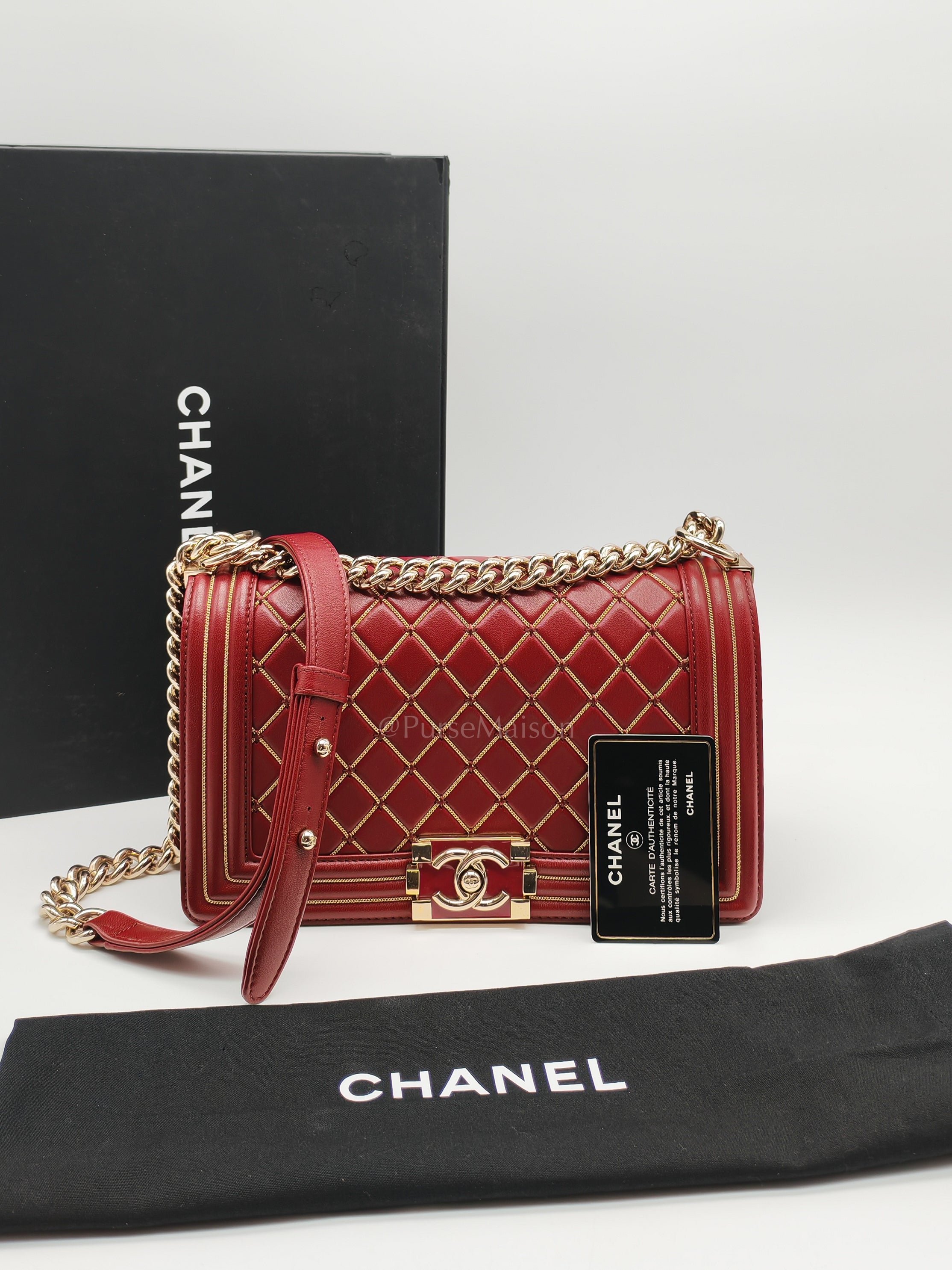 Boy Old Medium in Striking Red Micro Quilted Calfskin Leather & Light Gold Hardware Series 24 | Purse Maison Luxury Bags Shop