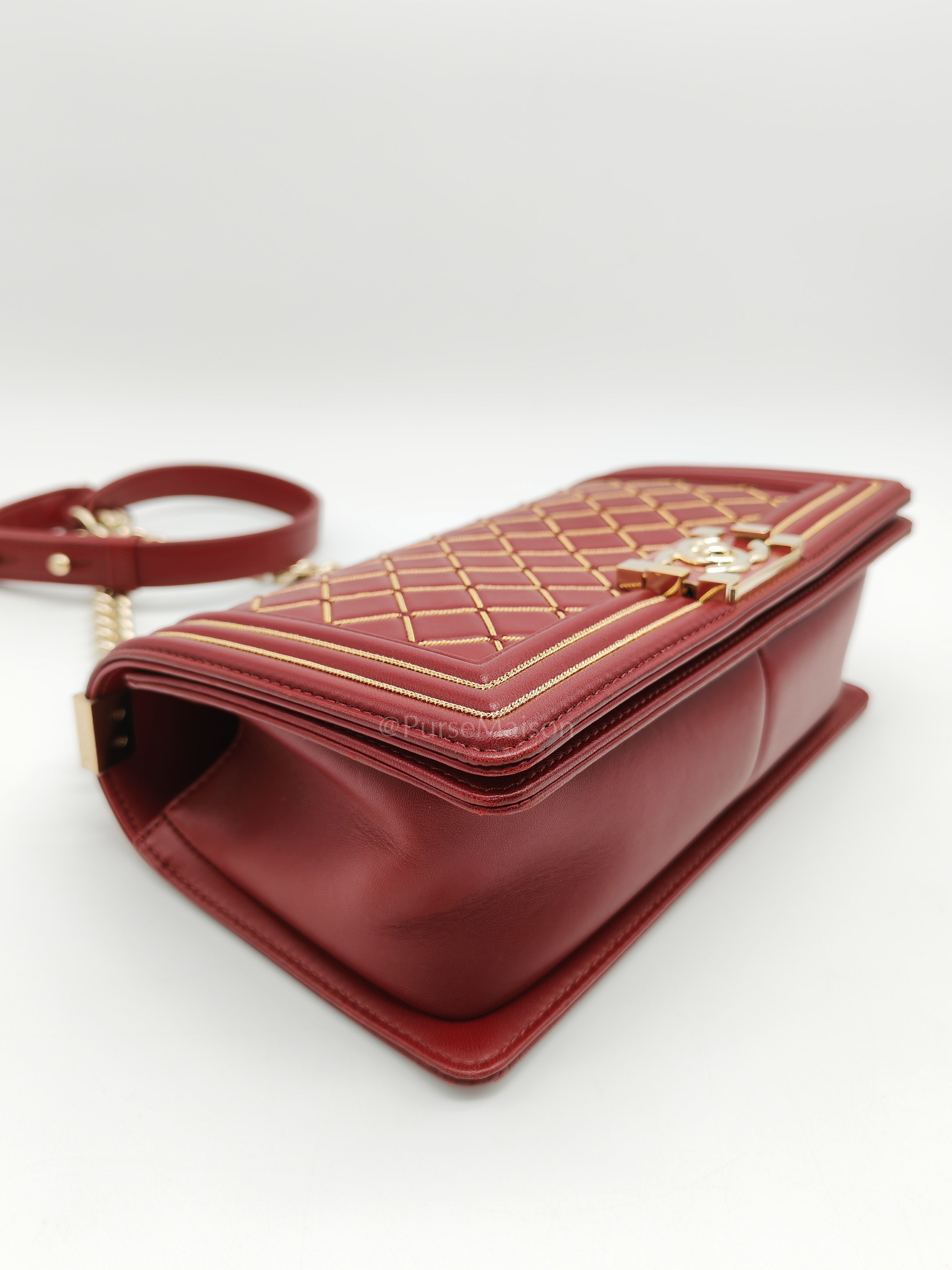 Boy Old Medium in Striking Red Micro Quilted Calfskin Leather & Light Gold Hardware Series 24 | Purse Maison Luxury Bags Shop
