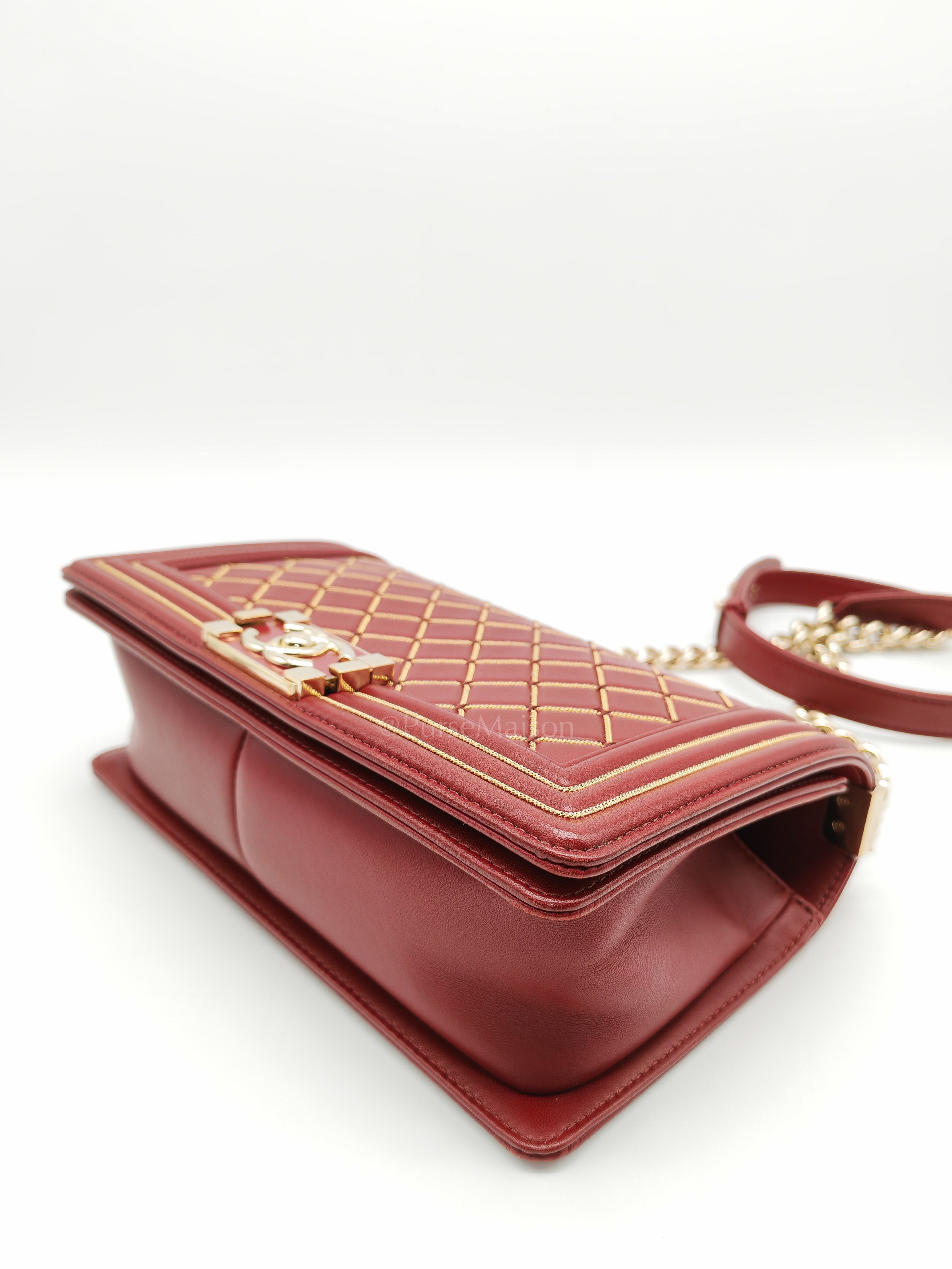 Boy Old Medium in Striking Red Micro Quilted Calfskin Leather & Light Gold Hardware Series 24 | Purse Maison Luxury Bags Shop