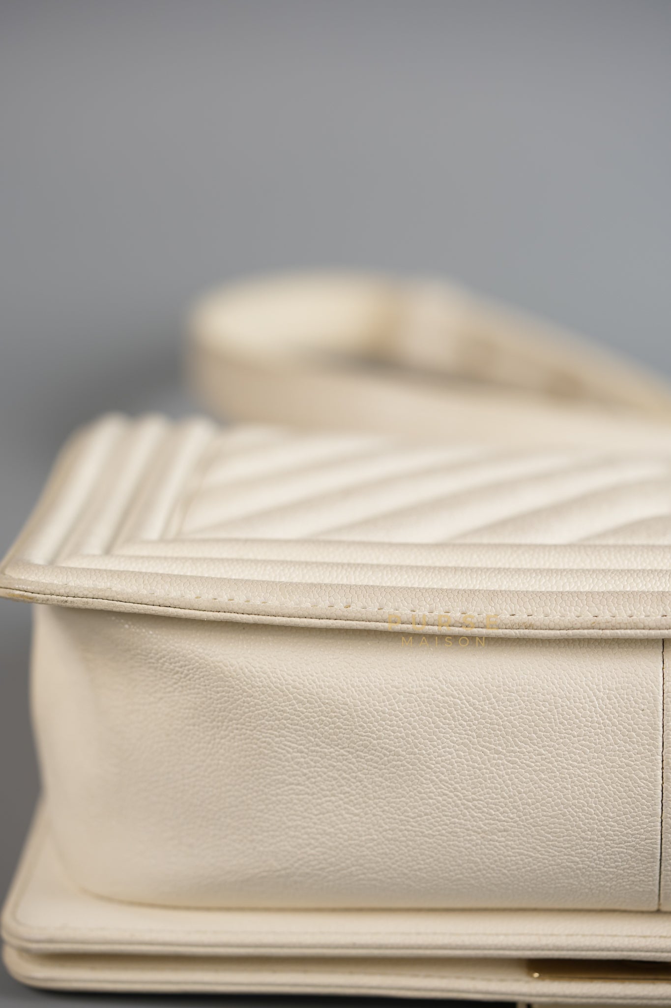 Boy Old Medium in White Chevron Calfskin & Champagne Gold Hardware (Series 29) | Purse Maison Luxury Bags Shop