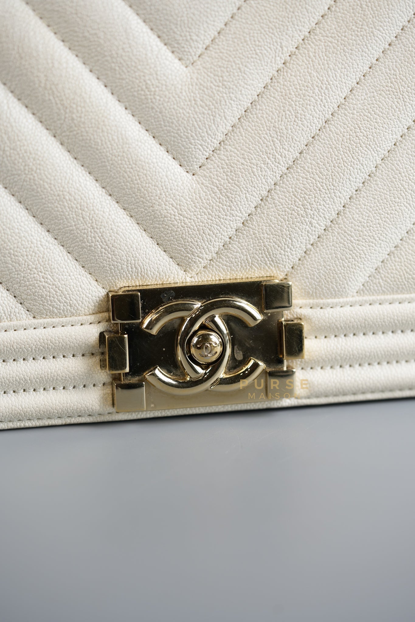 Boy Old Medium in White Chevron Calfskin & Champagne Gold Hardware (Series 29) | Purse Maison Luxury Bags Shop