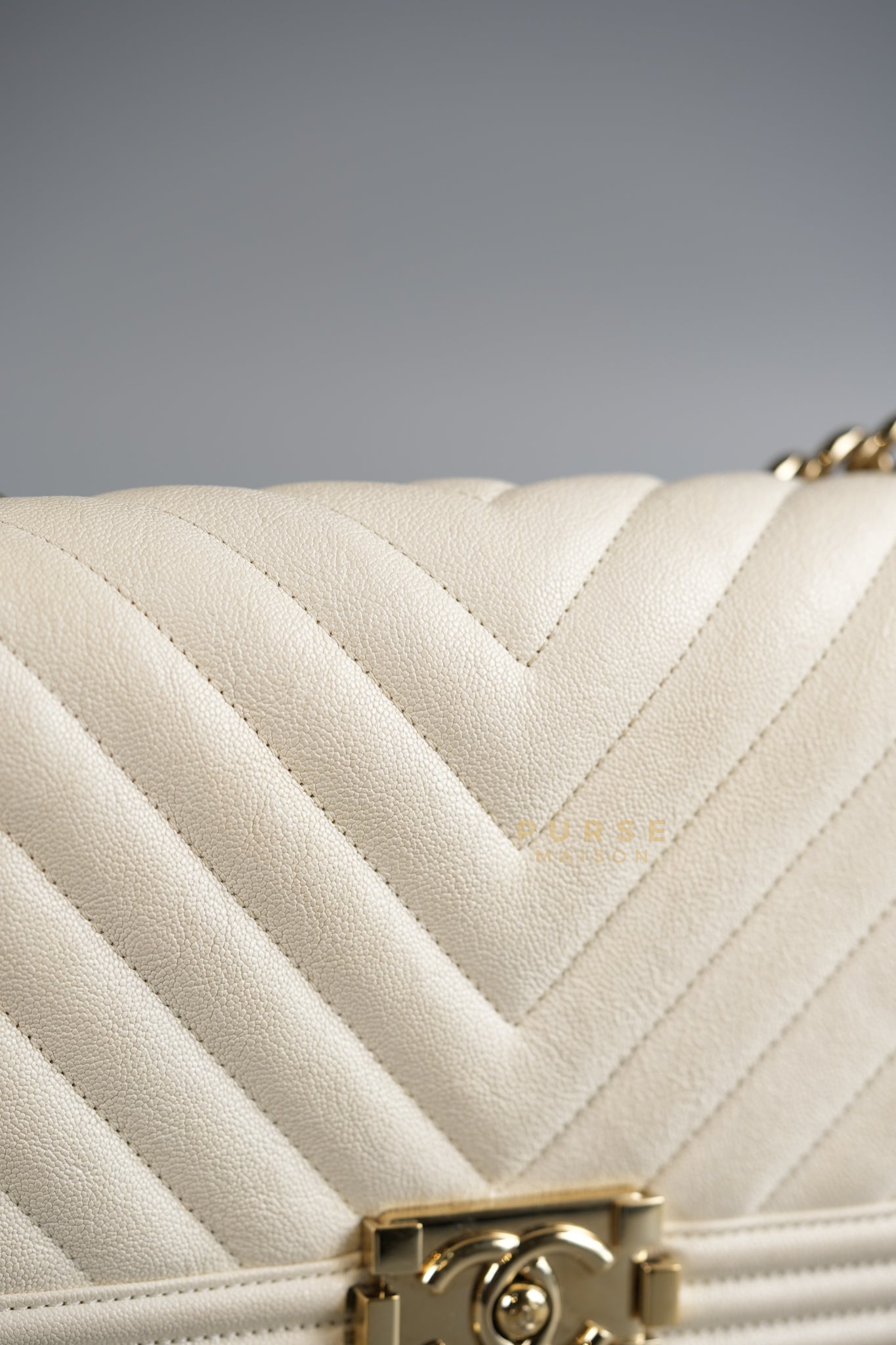 Boy Old Medium in White Chevron Calfskin & Champagne Gold Hardware (Series 29) | Purse Maison Luxury Bags Shop