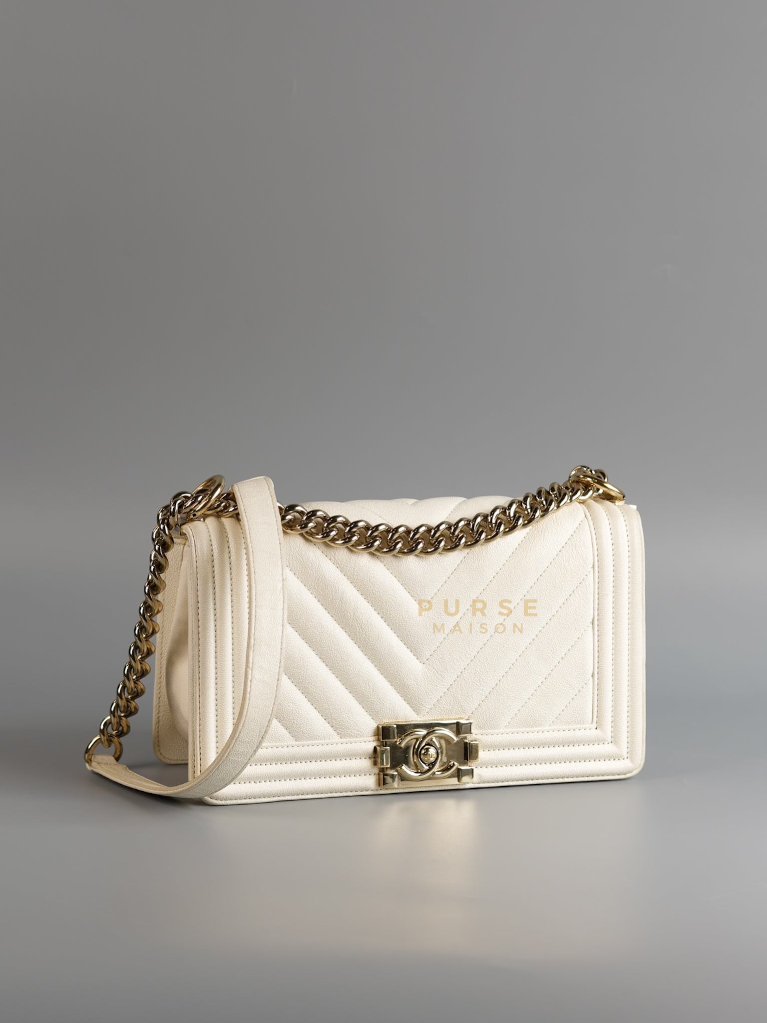 Boy Old Medium in White Chevron Calfskin & Champagne Gold Hardware (Series 29) | Purse Maison Luxury Bags Shop