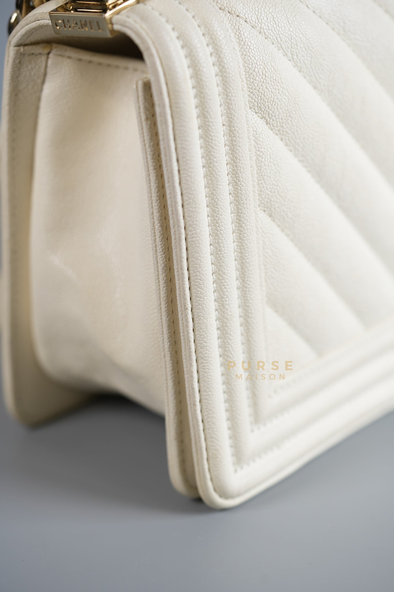 Boy Old Medium in White Chevron Calfskin & Champagne Gold Hardware (Series 29) | Purse Maison Luxury Bags Shop