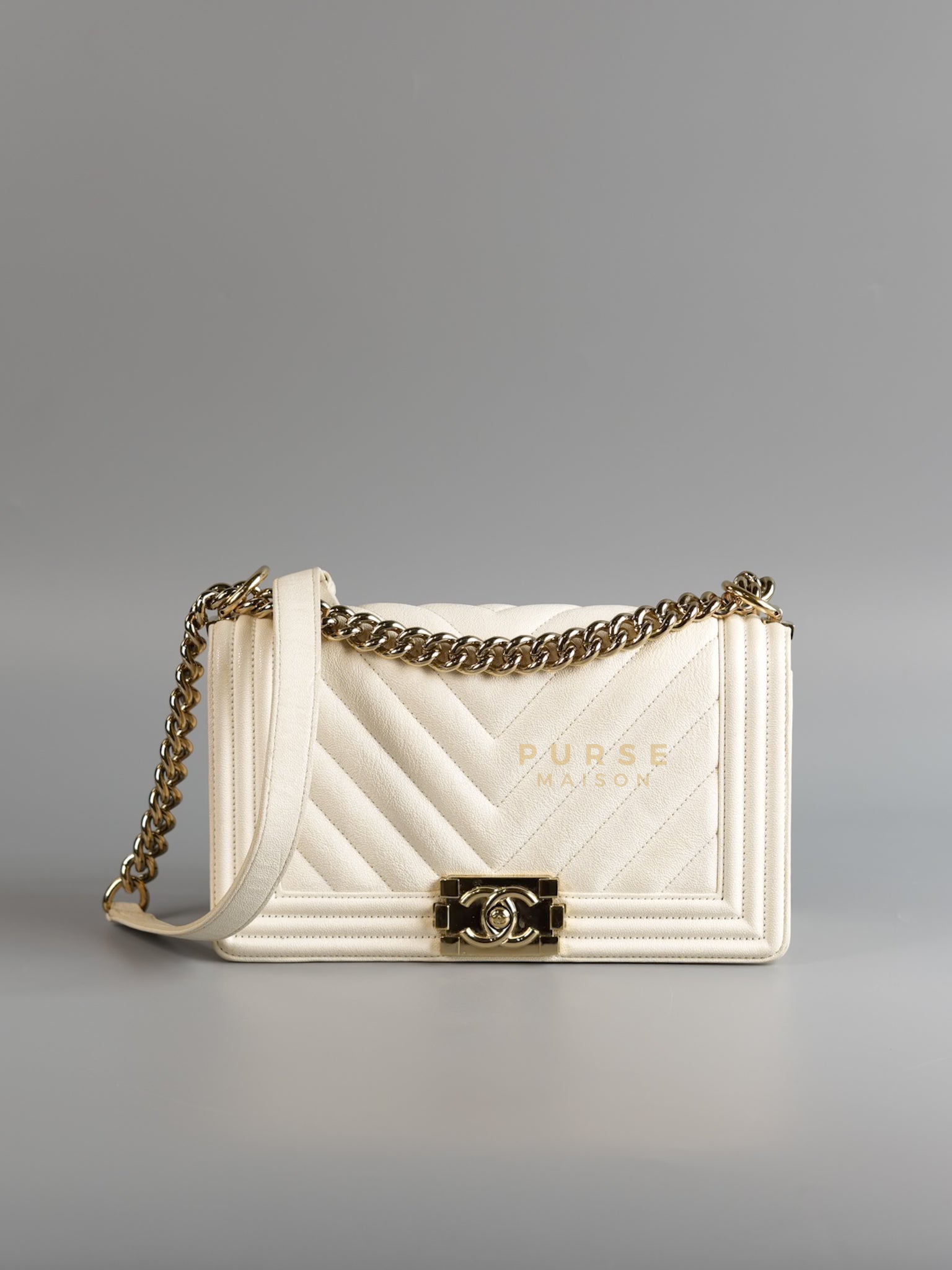 Boy Old Medium in White Chevron Calfskin & Champagne Gold Hardware (Series 29) | Purse Maison Luxury Bags Shop